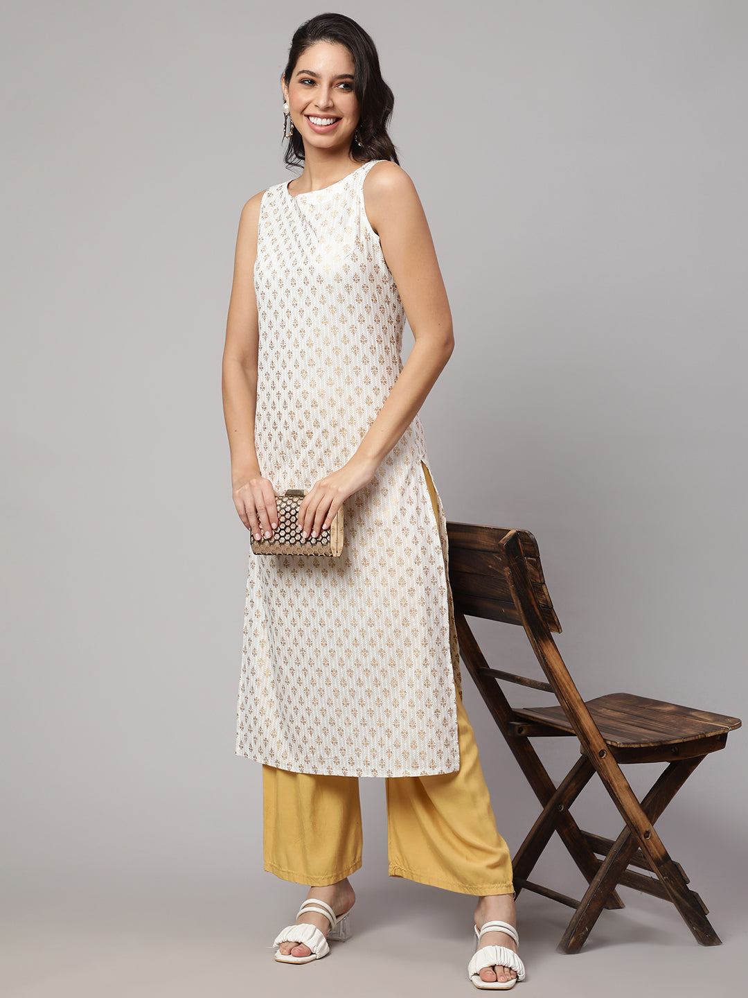 White Gold Printed Straight Sleeveless Kurta