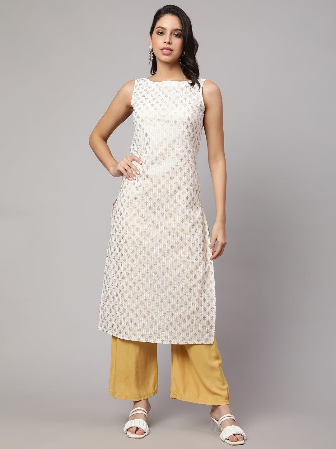 White Gold Printed Straight Sleeveless Kurta