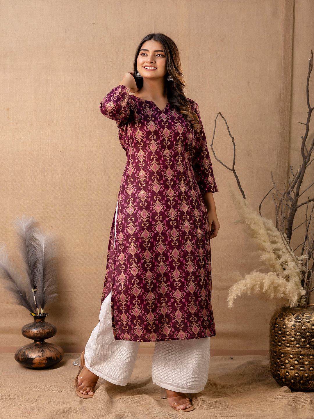 Burgundy Printed Straight Kurta