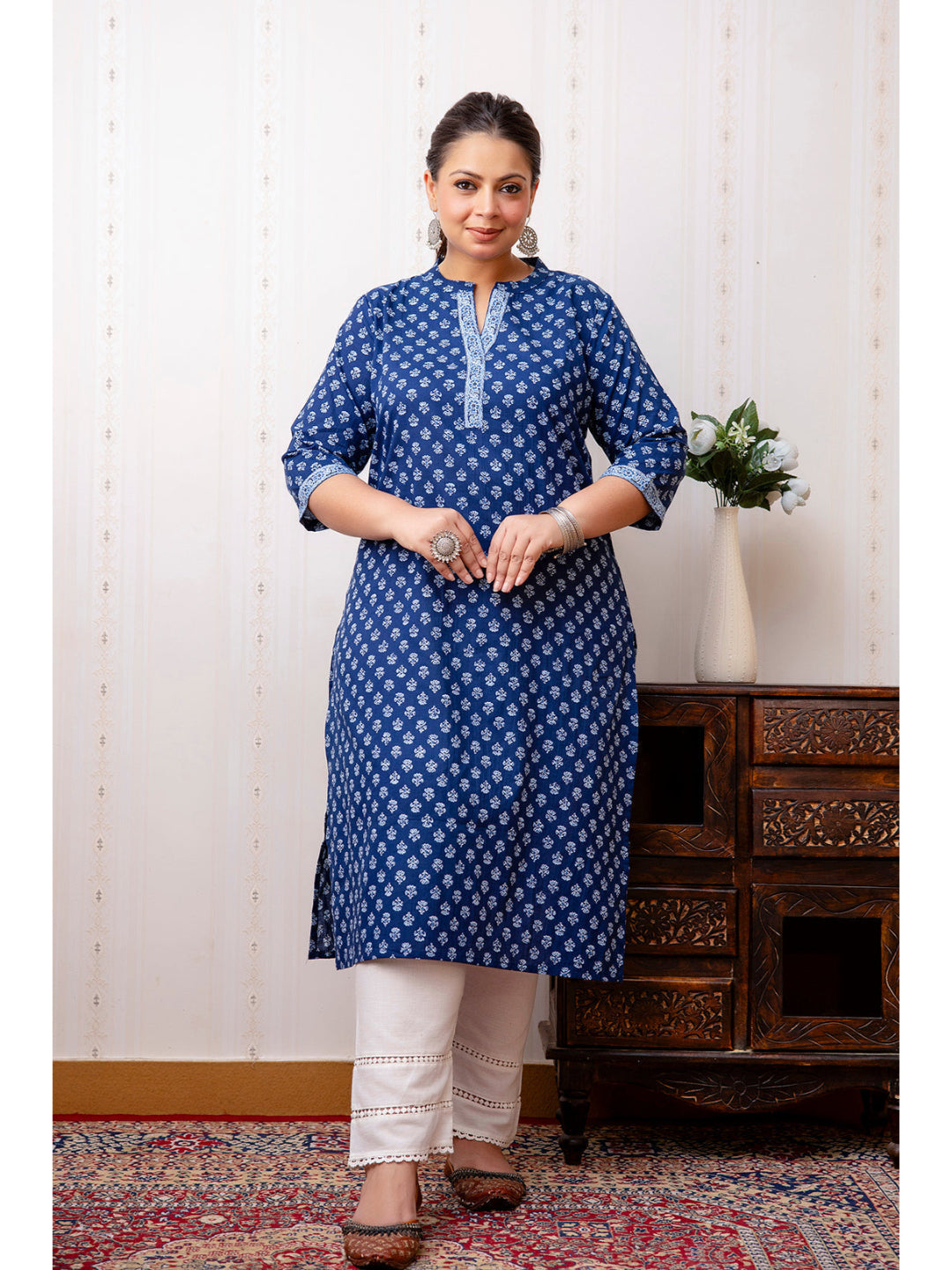 Plus Size Blue Printed Straight kurta