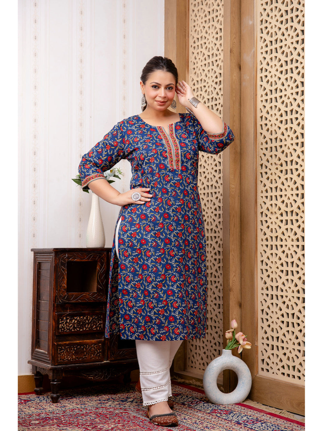 Plus Size Blue Printed Straight kurta