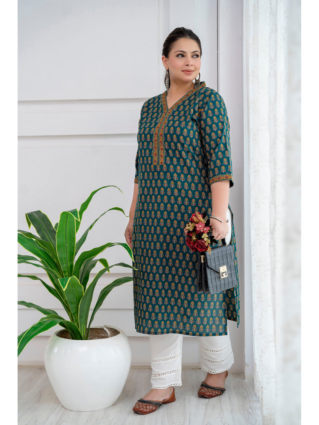 Plus Size Green Printed Straight kurta