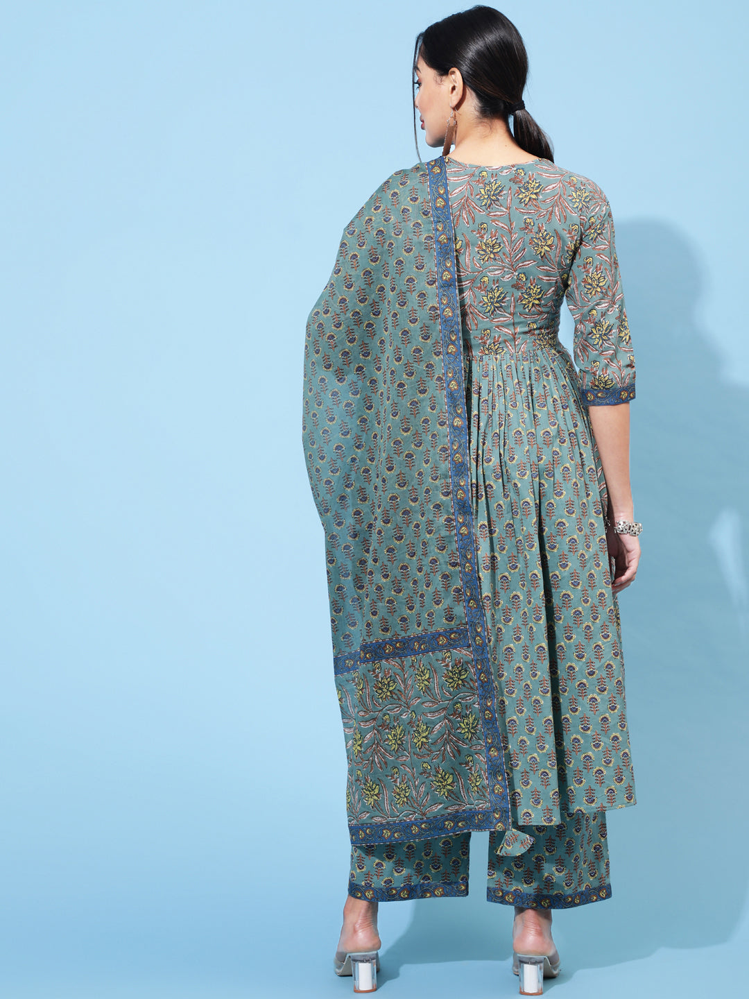 Cotton Calf Length Printed Semi-Flared 3/4 Sleeve V Neck Kurta Bottom Dupatta Set (Preorder)