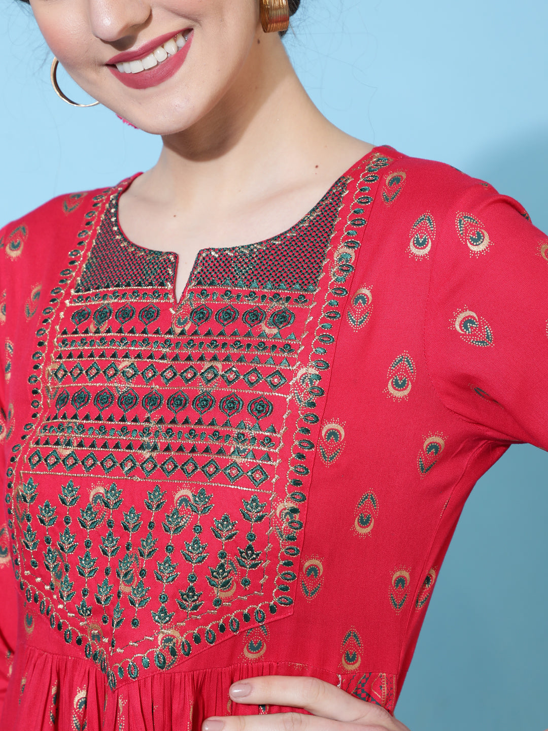 Rayon Calf Printed Semi-Flared 3/4 Sleeve Round Neck Kurta Bottom Dupatta Set (Preorder)