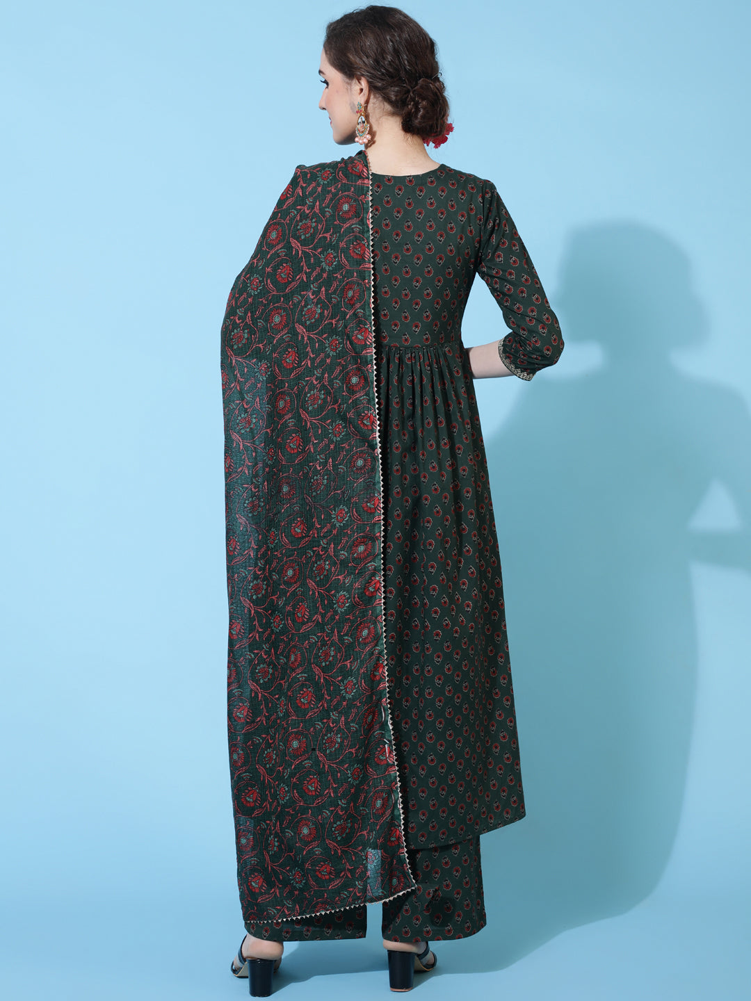 Cotton Calf Printed Flared 3/4 Sleeve Round Neck Kurta Bottom Dupatta Set (Preorder)