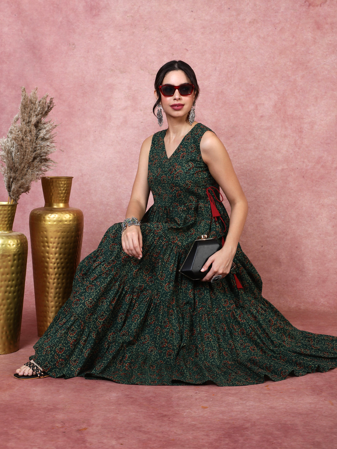 Cotton Calf Length Printed Sleeveless V-Neck Dress