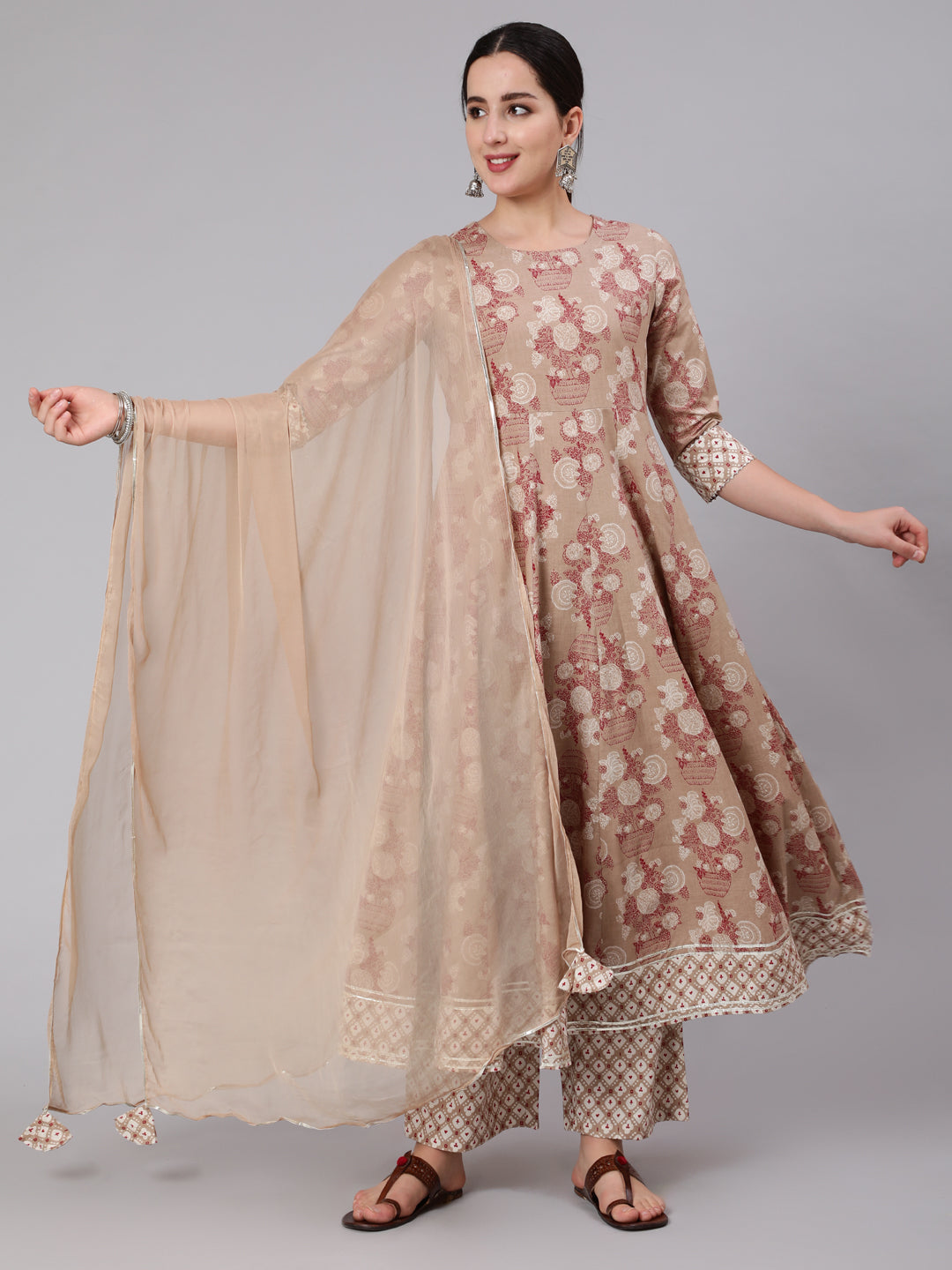 Cotton Calf Length Printed Flared 3/4 Sleeve Round Neck Kurta Set (Preorder)