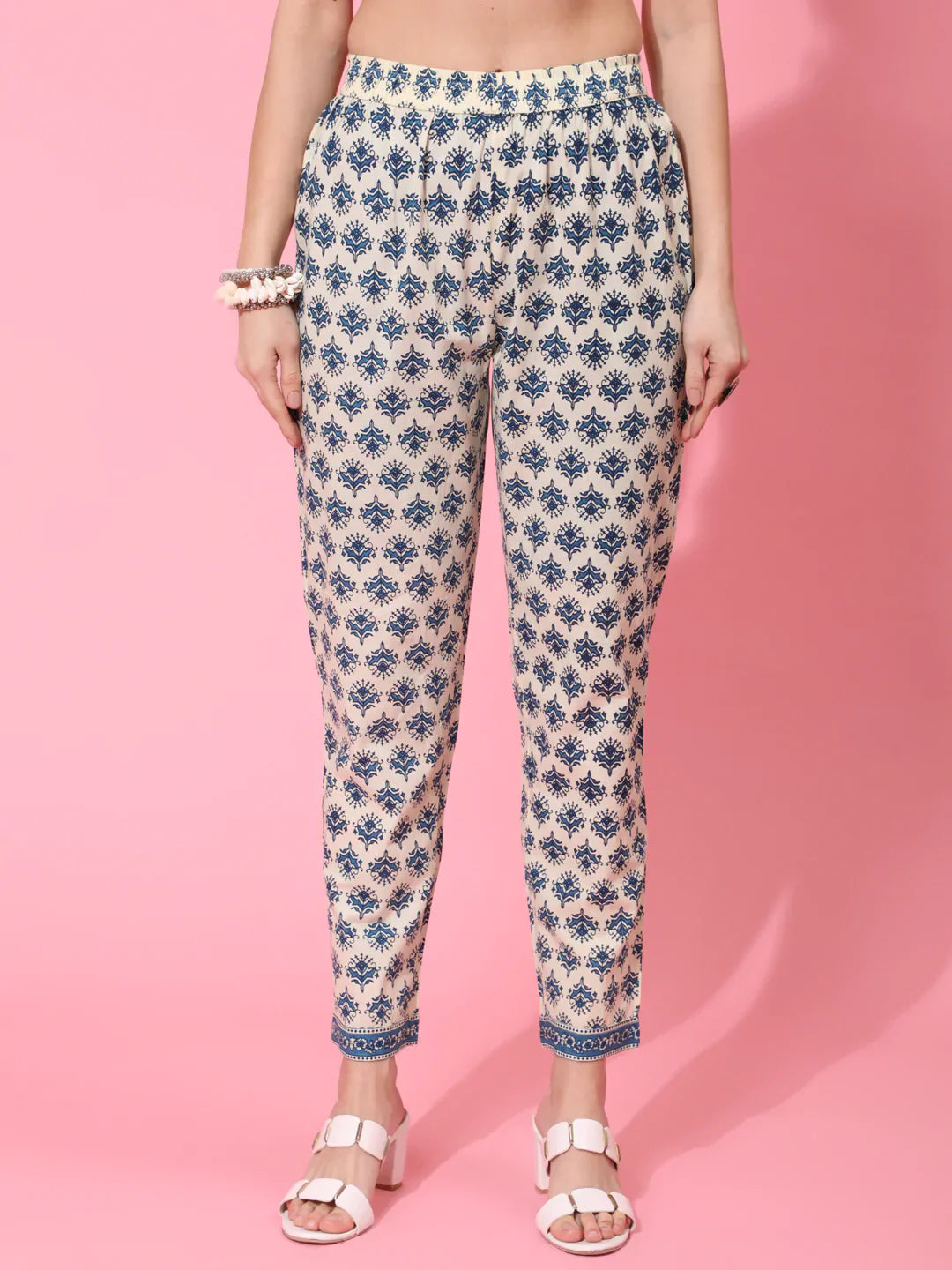 Cotton Calf Length Printed Flared 3/4 Sleeve Round Neck Kurta Bottom Dupatta Set (Preorder)