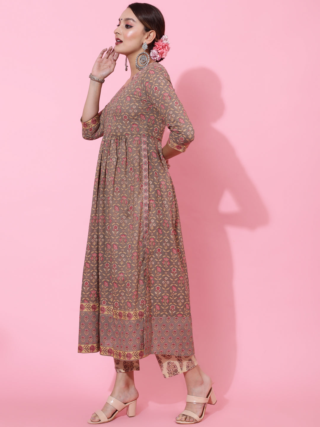 Cotton Calf Length Printed Semi-Flared 3/4 Sleeves V-Neck Kurta Bottom Dupatta Set (Preorder)