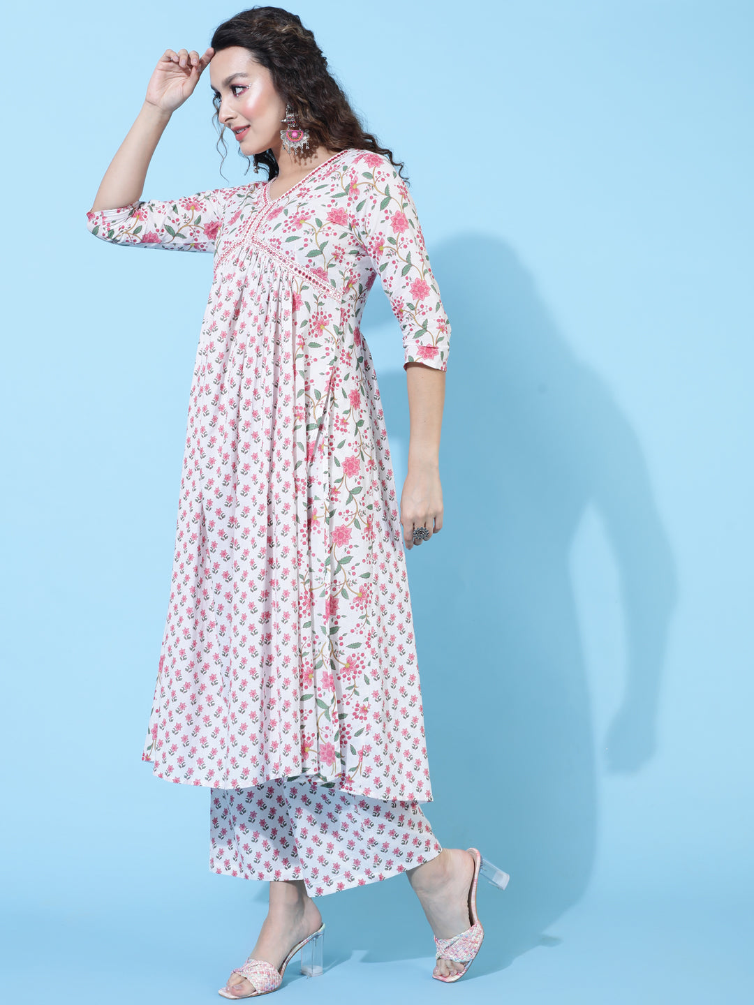 Cotton Calf Length Printed Semi-Flared 3/4 Sleeves V-Neck Kurta Bottom Dupatta Set (Preorder)