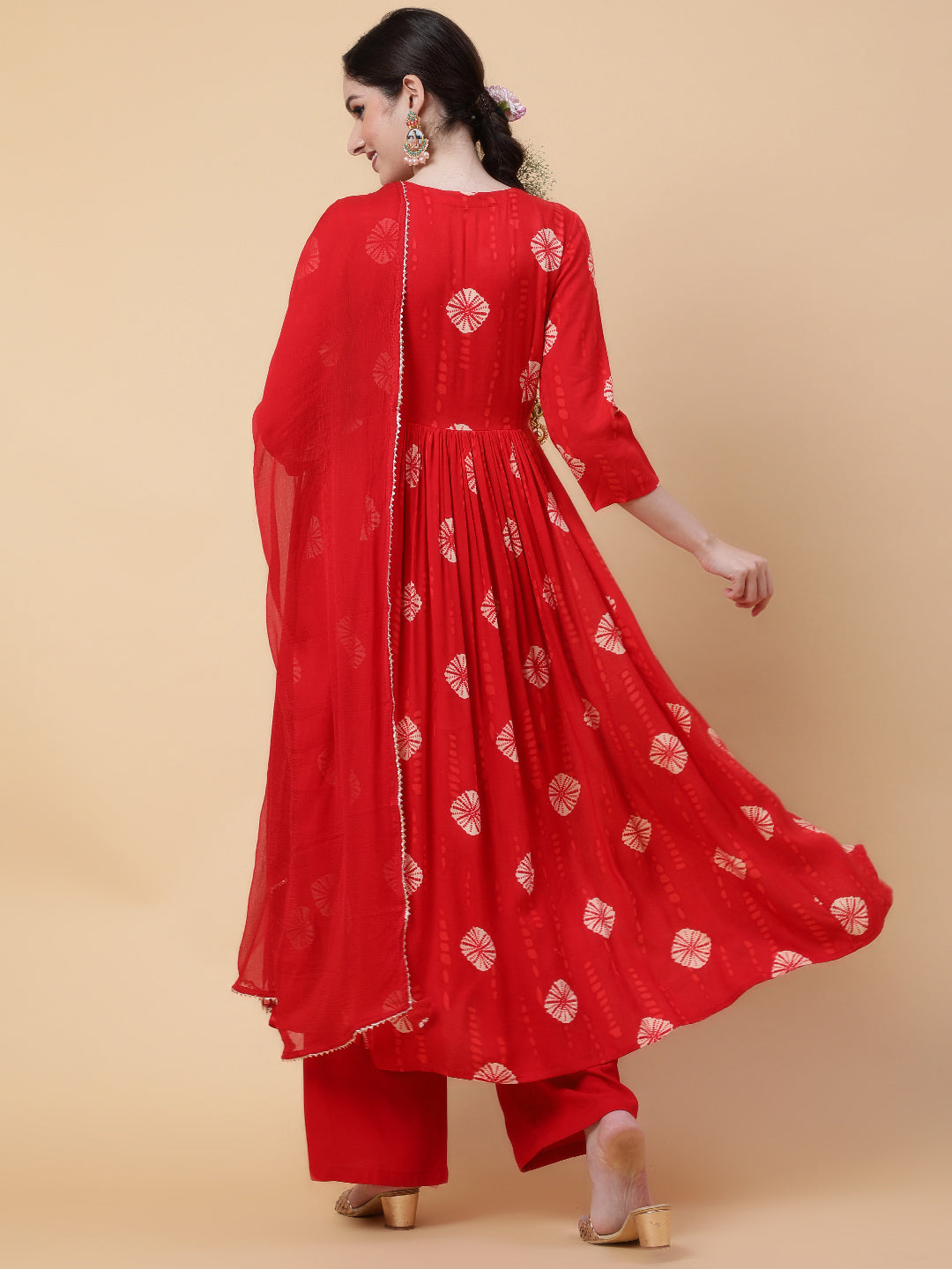 Rayon Calf Length Printed Flared 3/4 Sleeves V-Neck Kurta Bottom Dupatta Set (Preorder)