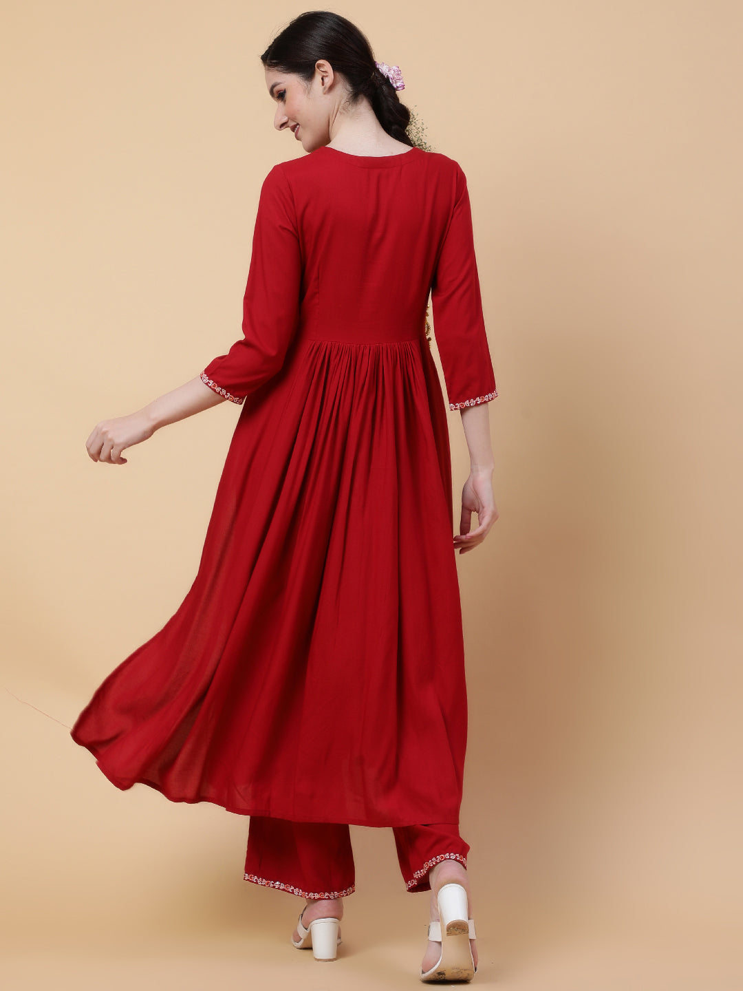 Rayon Calf Length Solid Flared 3/4 Sleeves V-Neck Kurta Bottom Set (Preorder)