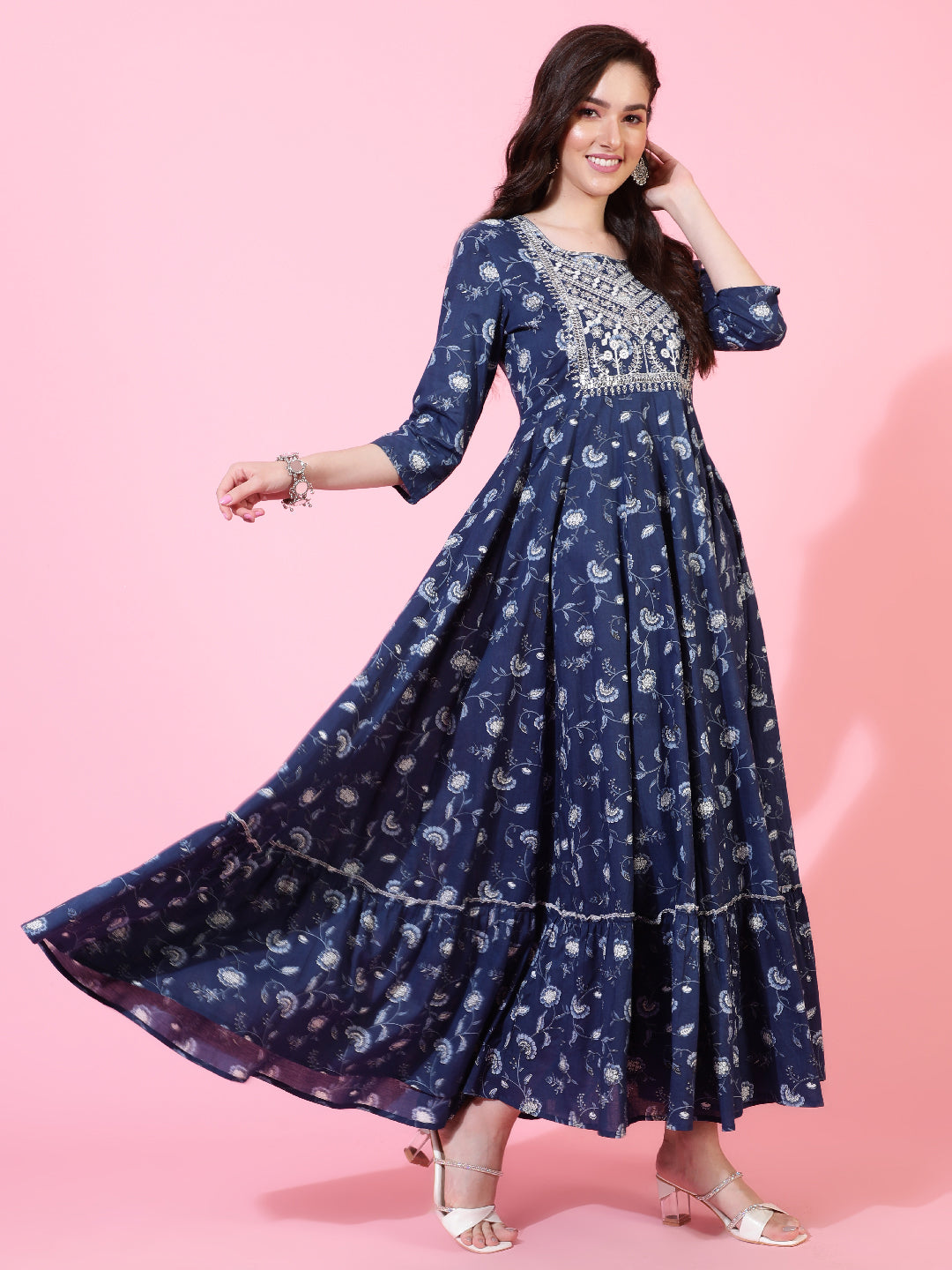 Cotton Ankle Length Printed Flared 3/4 Sleeves Round Neck Kurta Set (Preorder)