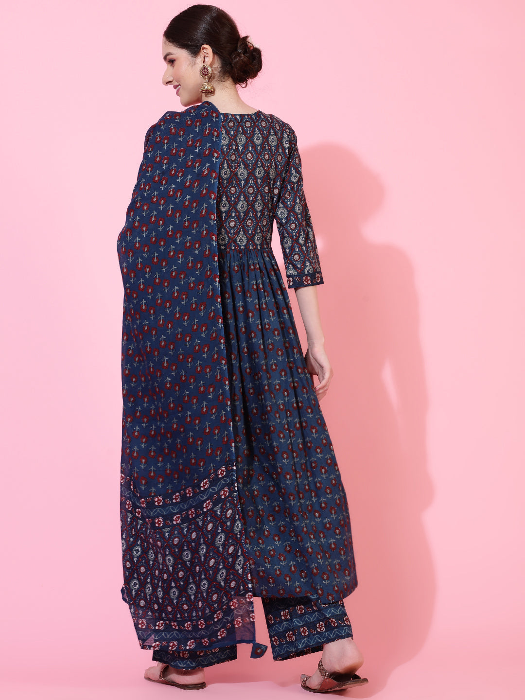 Cotton Calf Length Printed Flared 3/4 Sleeves V-Neck Kurta Bottom Dupatta Set (Preorder)