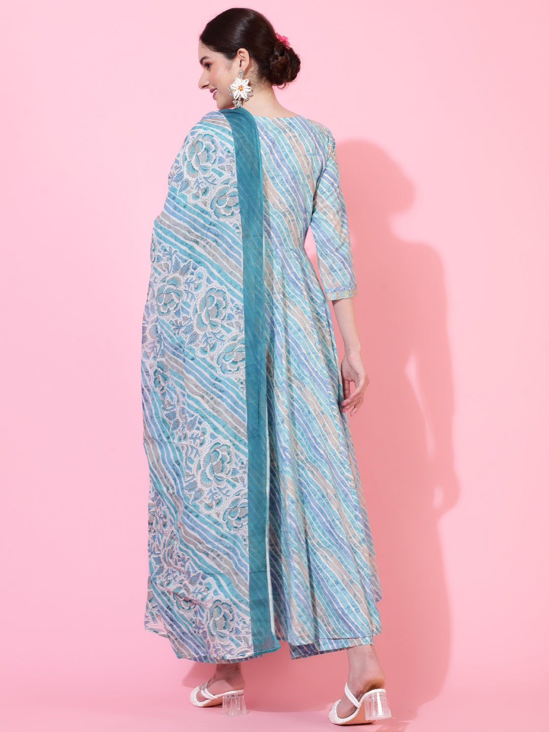 Cotton Calf Length Printed Flared 3/4 Sleeves V-Neck Kurta Bottom Dupatta Set (Preorder)