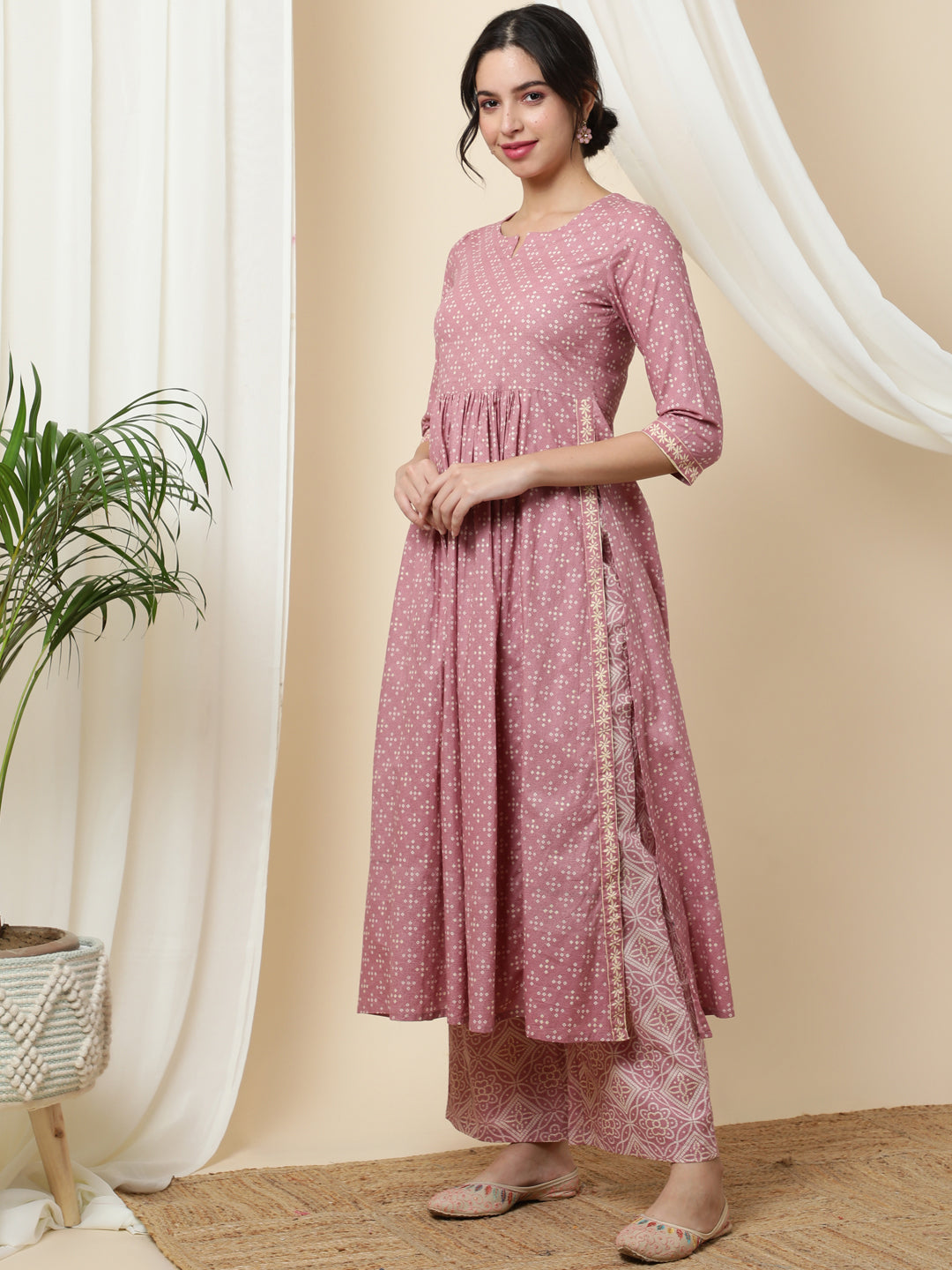 Rayon  Calf Length Printed  3/4 Sleeve Round Neck Kurta Bottom Set