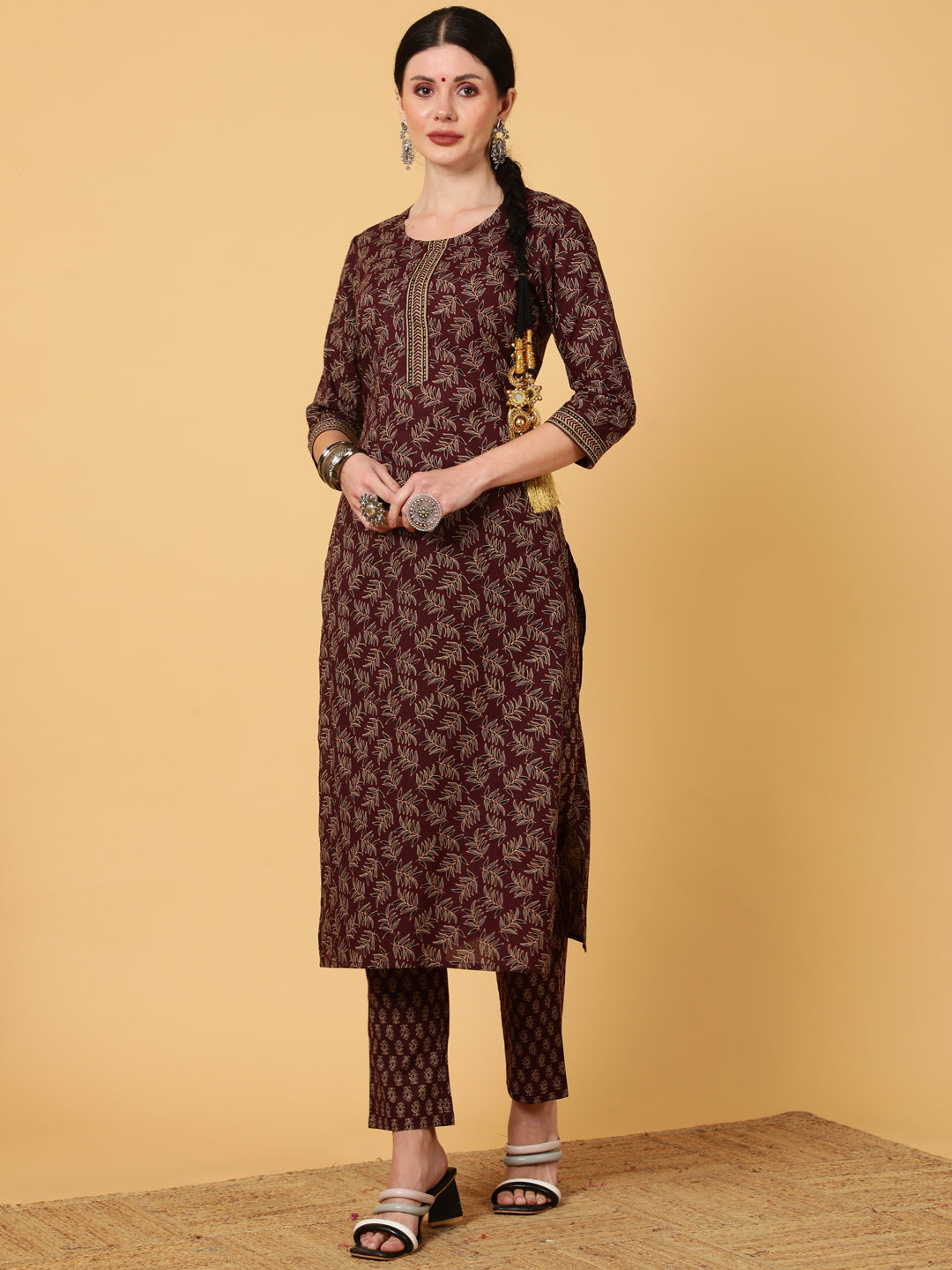 Rayon Calf Length Printed Straight 3/4 Sleeves Round Kurta Bottom Dupatta Set