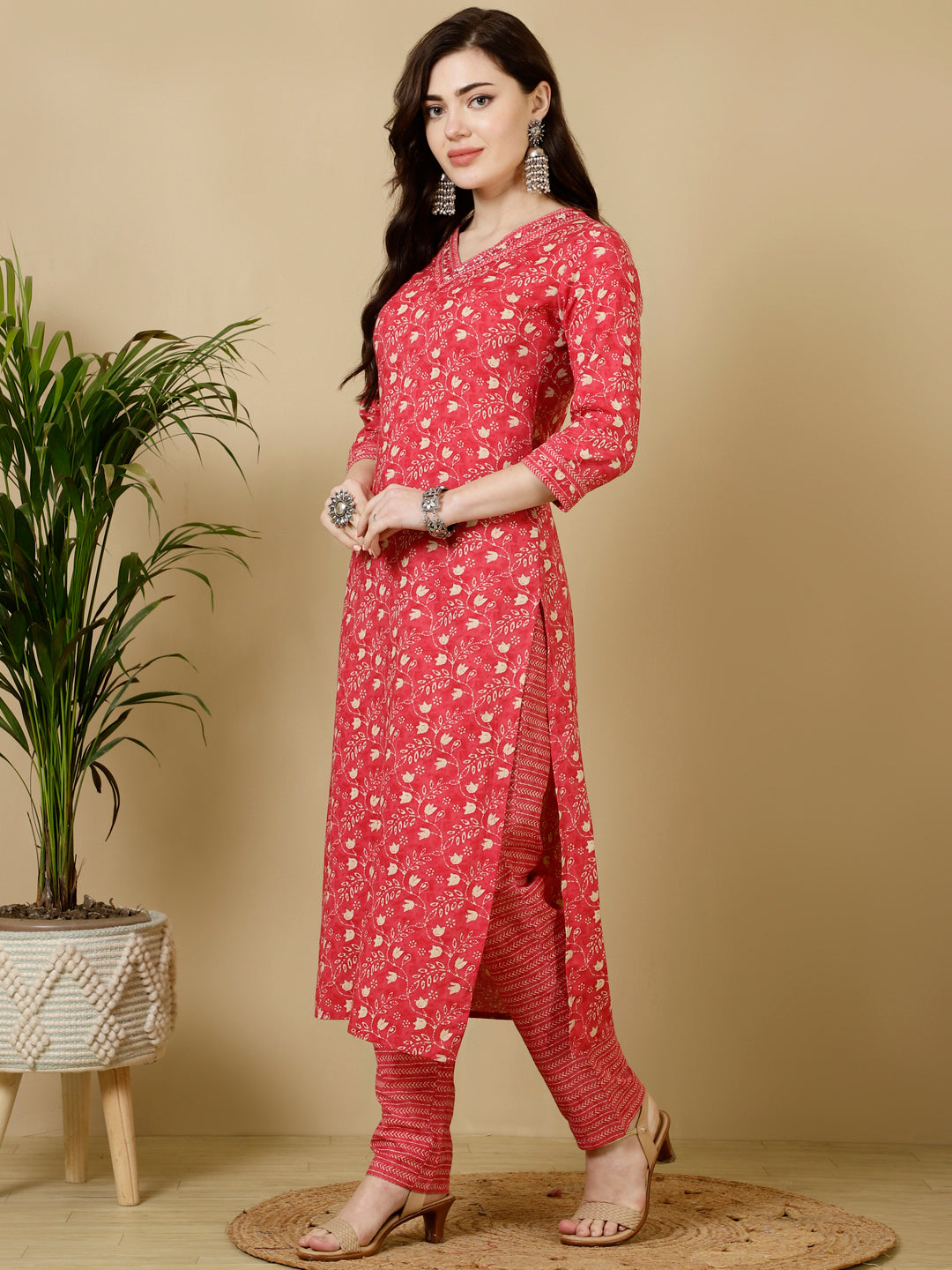 Calf Length Straight 3/4 Sleeves V Kurta Bottom Set (Preorder)