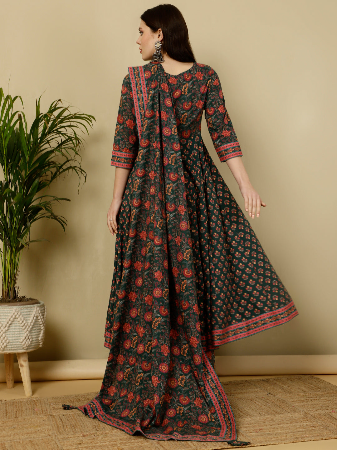 Calf Length Flared 3/4 Sleeves V Kurta Bottom Dupatta Set