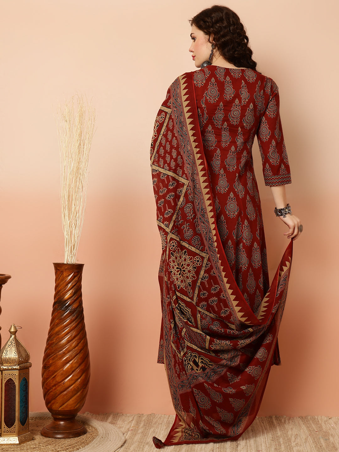 Calf Length Semi-Flared 3/4 Sleeves V Kurta Bottom Dupatta Set