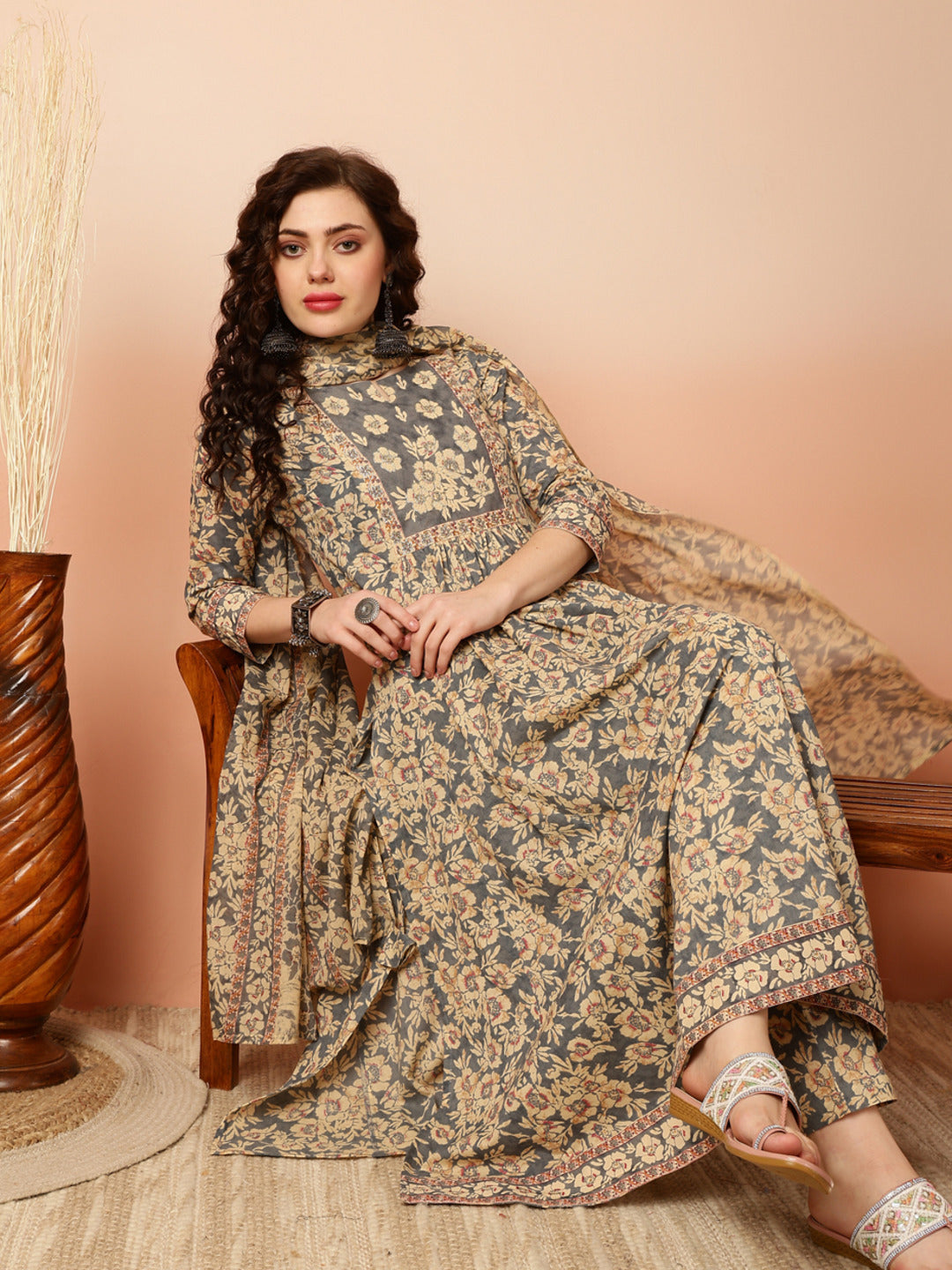 Calf Length Semi-Flared 3/4 Sleeves Round Kurta Bottom Dupatta Set
