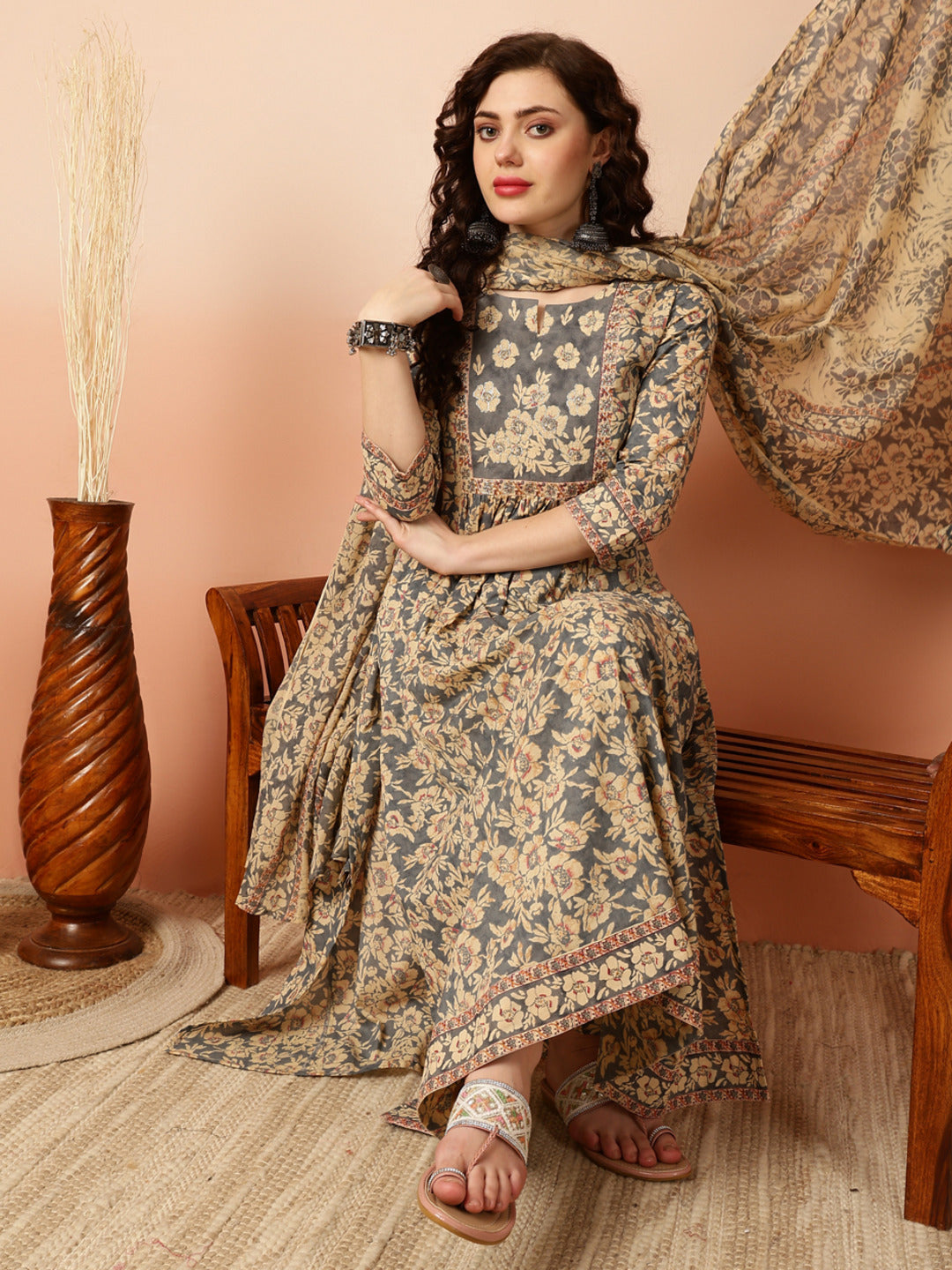 Calf Length Semi-Flared 3/4 Sleeves Round Kurta Bottom Dupatta Set