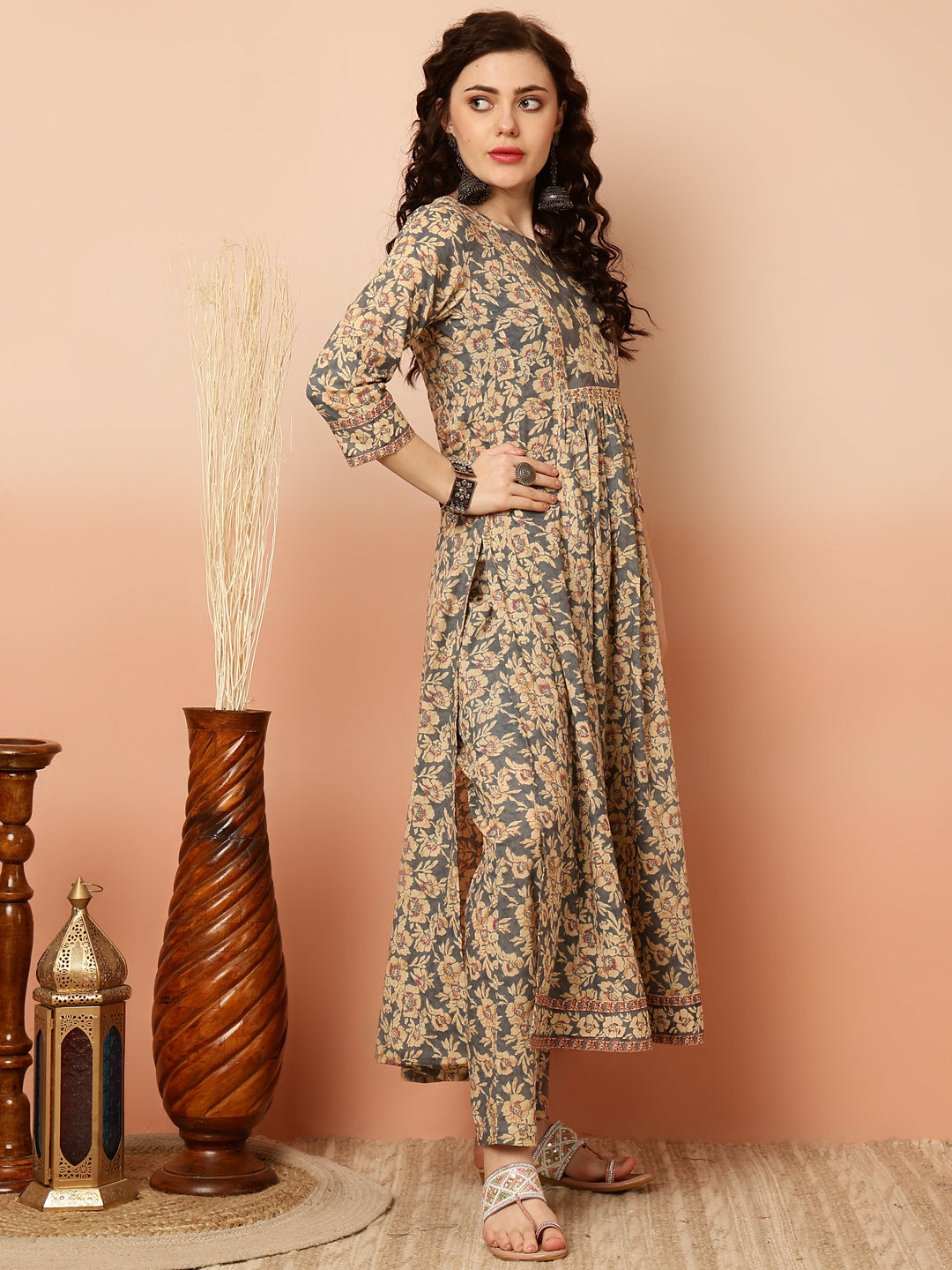 Calf Length Semi-Flared 3/4 Sleeves Round Kurta Bottom Dupatta Set