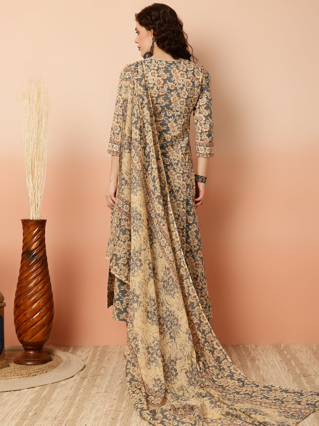 Calf Length Semi-Flared 3/4 Sleeves Round Kurta Bottom Dupatta Set