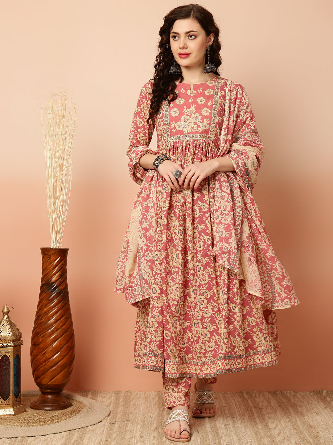 Calf Length Semi-Flared 3/4 Sleeves Round Kurta Bottom Dupatta Set