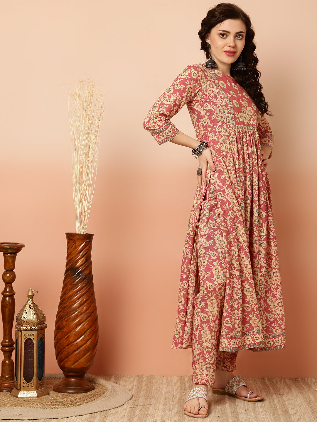 Calf Length Semi-Flared 3/4 Sleeves Round Kurta Bottom Dupatta Set
