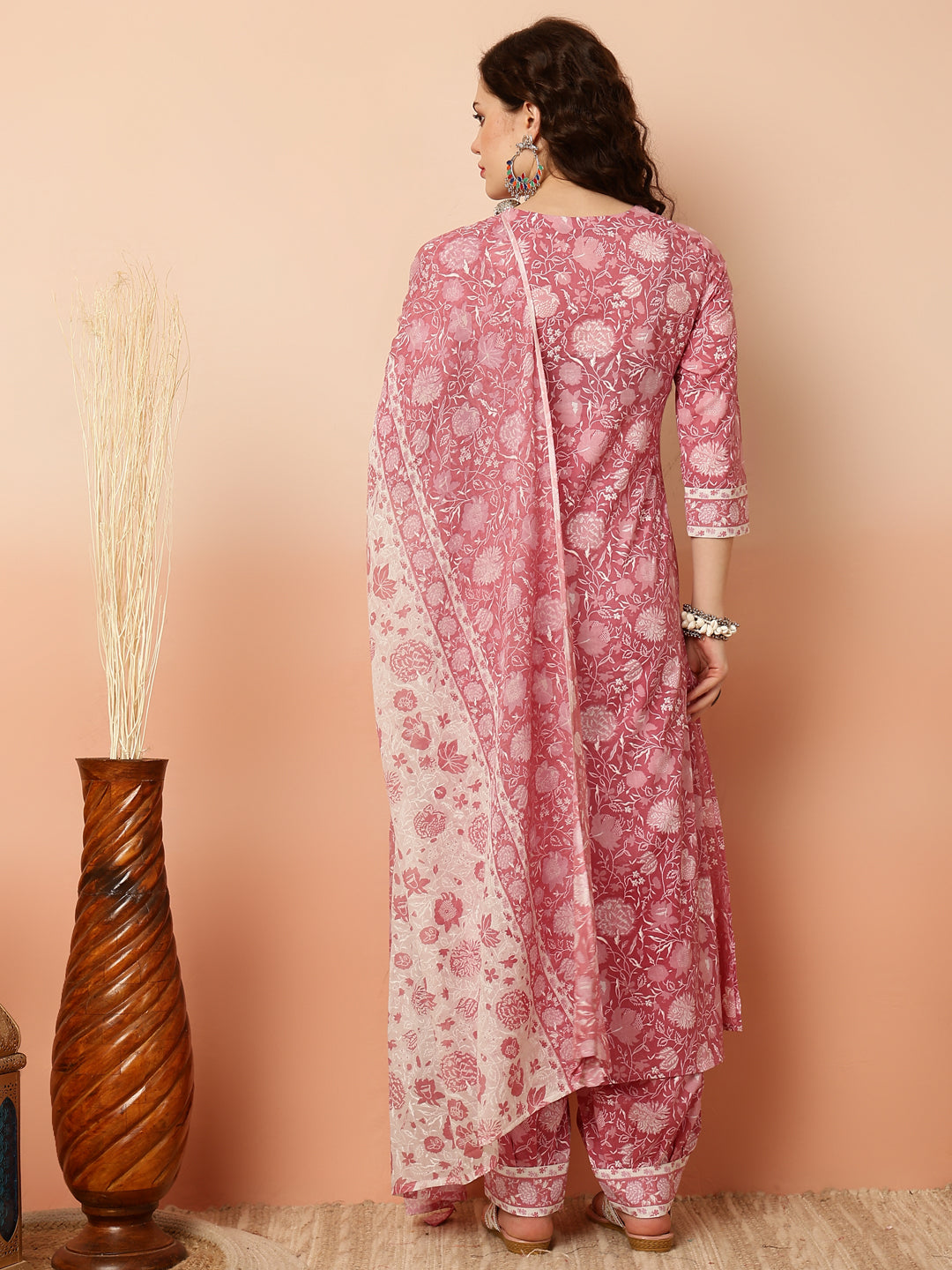 Calf Length Straight 3/4 Sleeves Round Kurta Bottom Dupatta Set (Preorder)