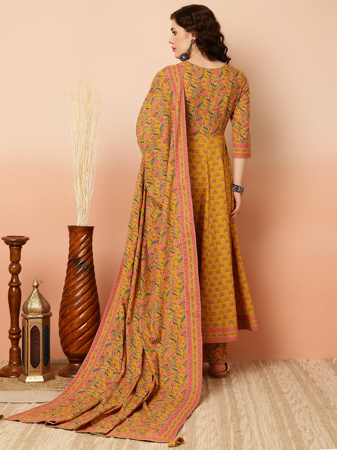 Calf Length Flared 3/4 Sleeves V Kurta Bottom Dupatta Set (Preorder)