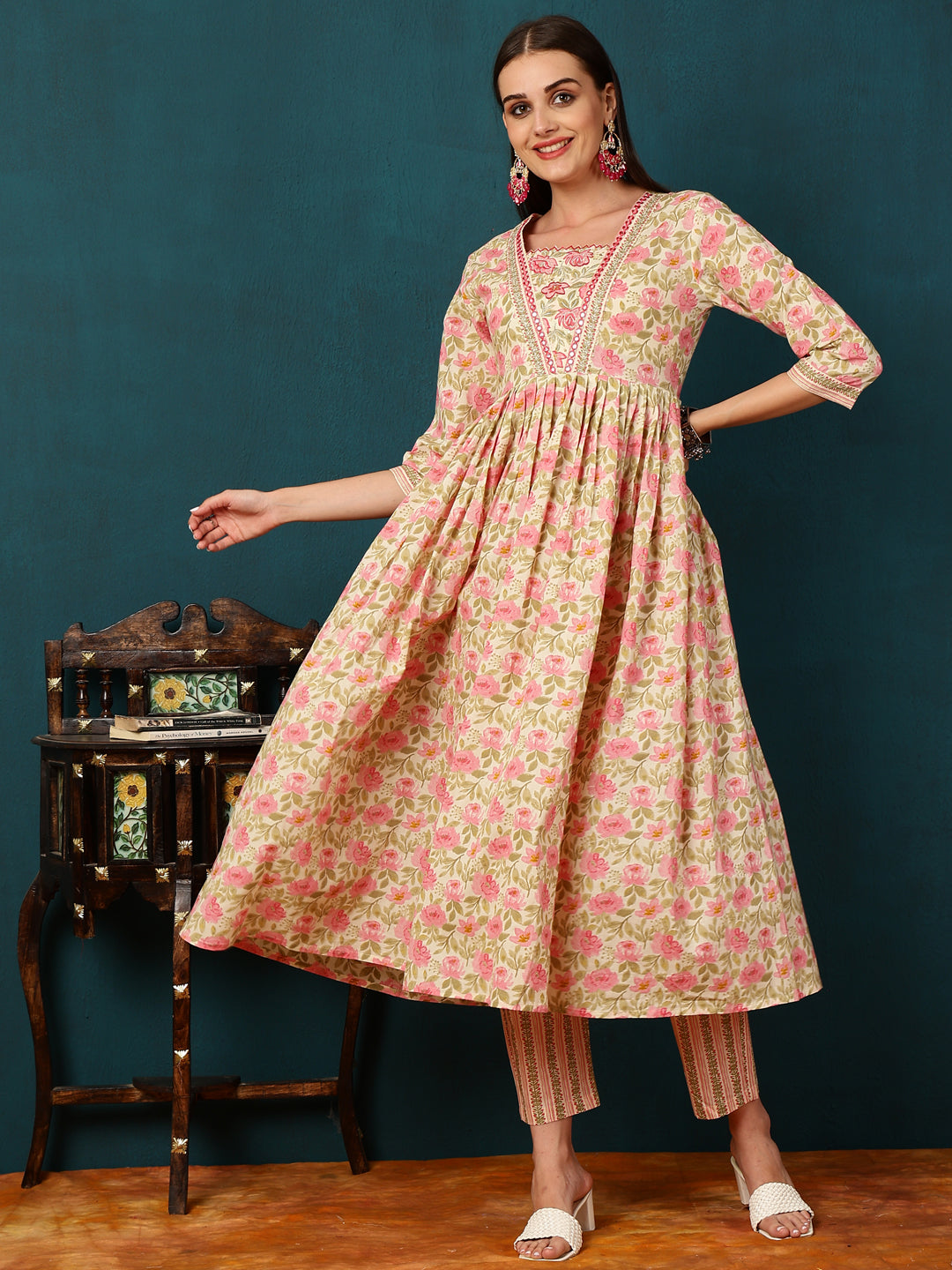 Rayon Calf Length Printed Straight 3/4 Sleeves Shirt Coller Kurta Bottom Dupatta Set