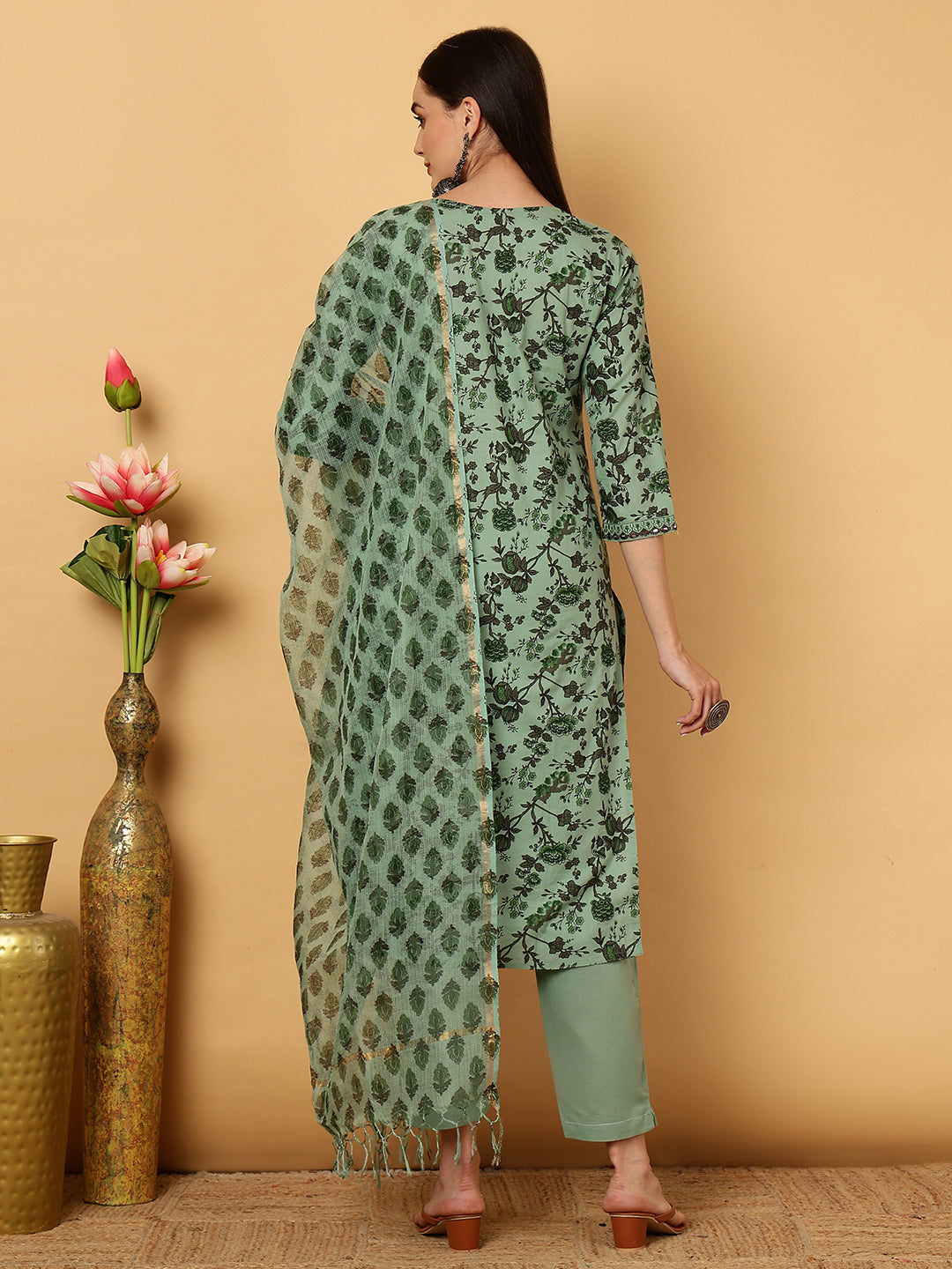 Rayon Calf Length Printed Straight 3/4 Sleeves Round Neck Kurta Bottom Dupatta Set