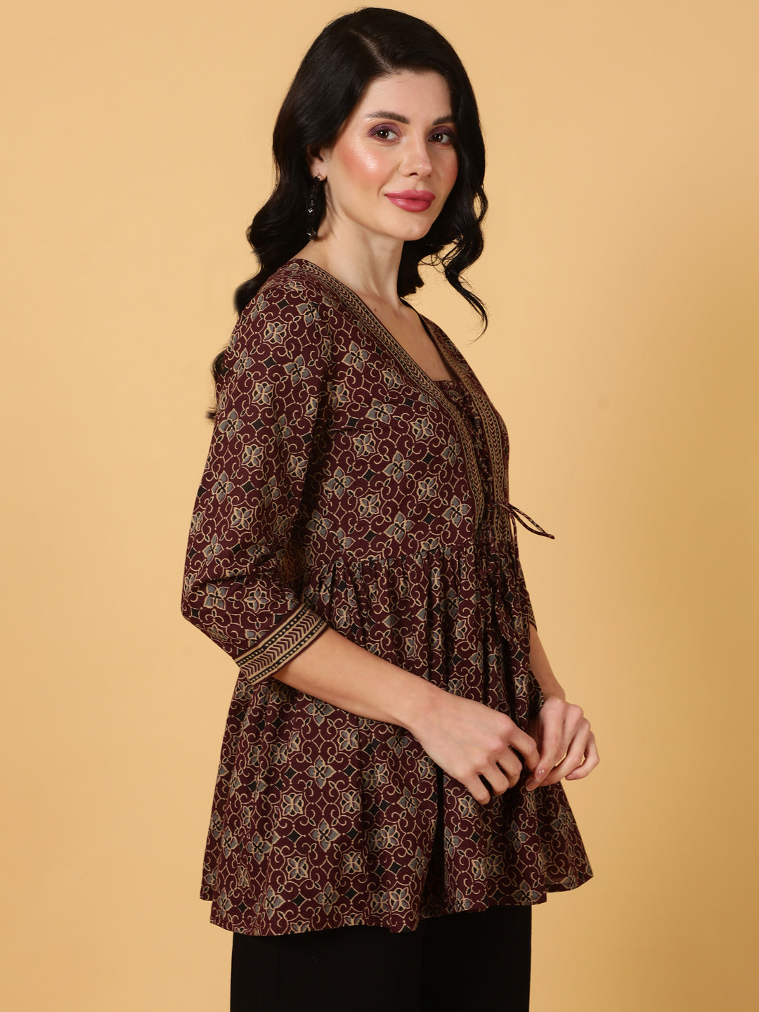 Cotton Midi Length Printed Flared 3/4 Sleeves V-Neck Tunic