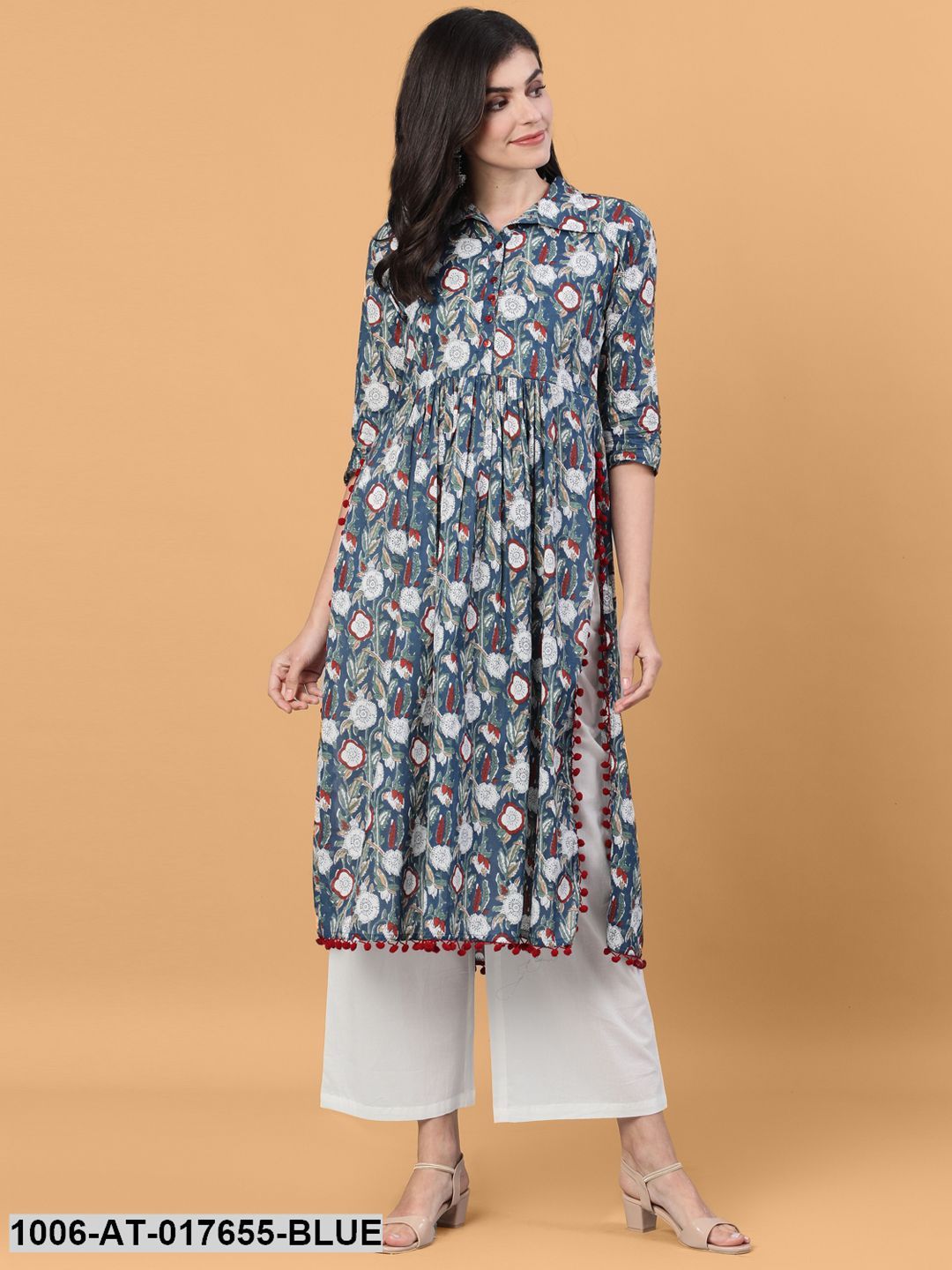 Printed Flared Calf Length 3/4 Sleeve Shirt Collar Neck Cotton Kurta