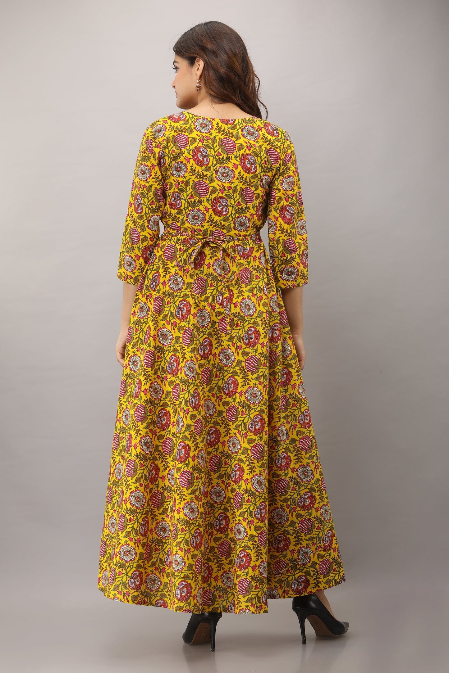 Printed Cotton 3/4 Sleeves Full Length Flared Dress (Preorder)