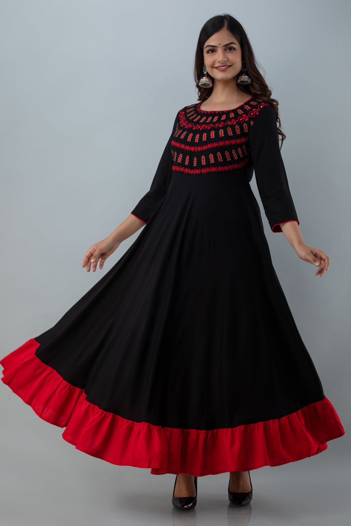 Embroidered Flared Ankle 3/4 Sleeves Round Neck Rayon Kurta (Preorder)
