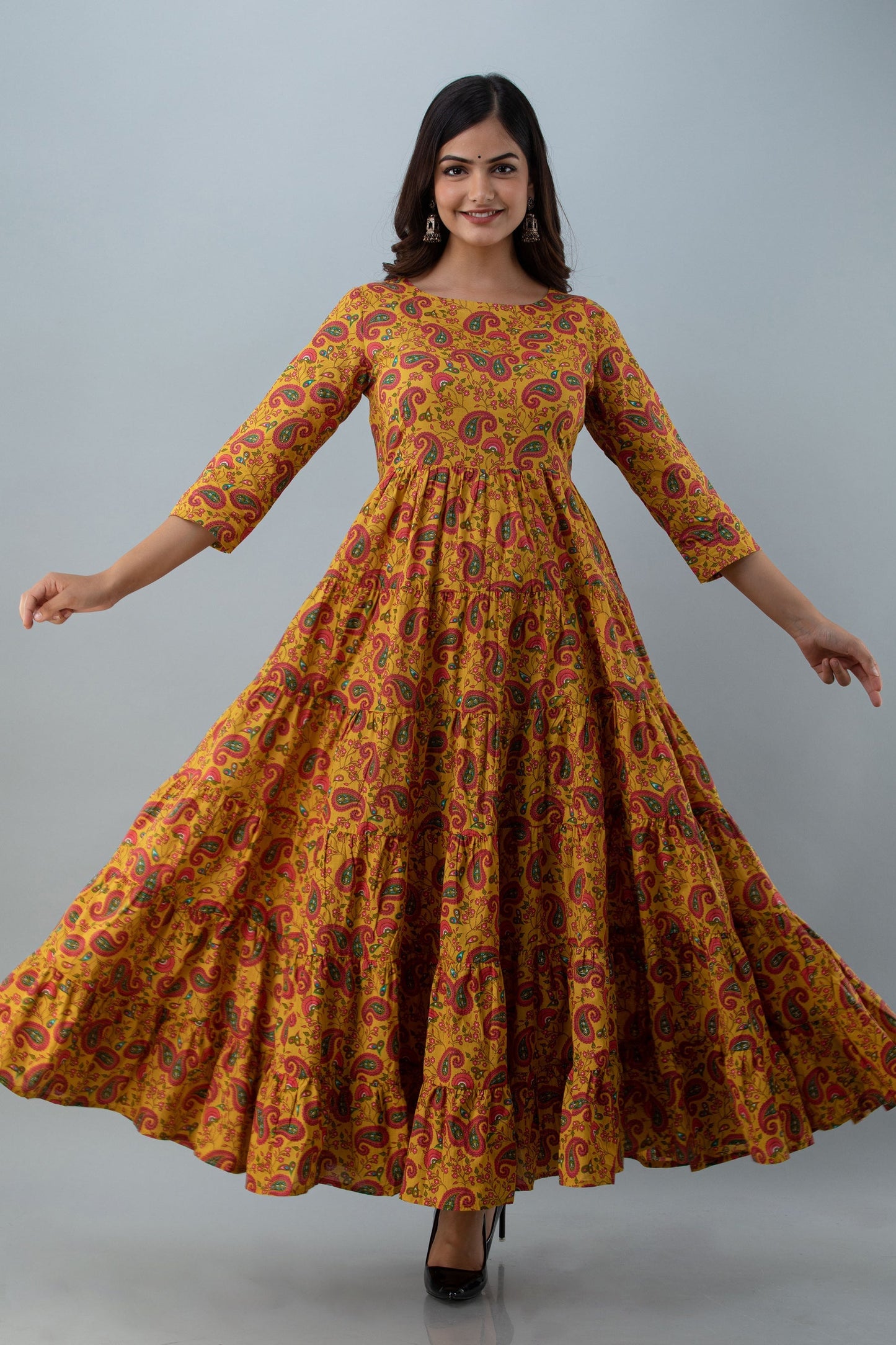 Printed Flared Ankle 3/4 Sleeves Round Neck Cotton Kurta (Preorder)