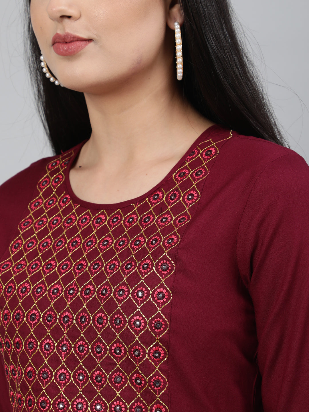 Rayon Mirror work 3/4 Sleeve Straight Round Neck Calf Length Kurta (Preorder)