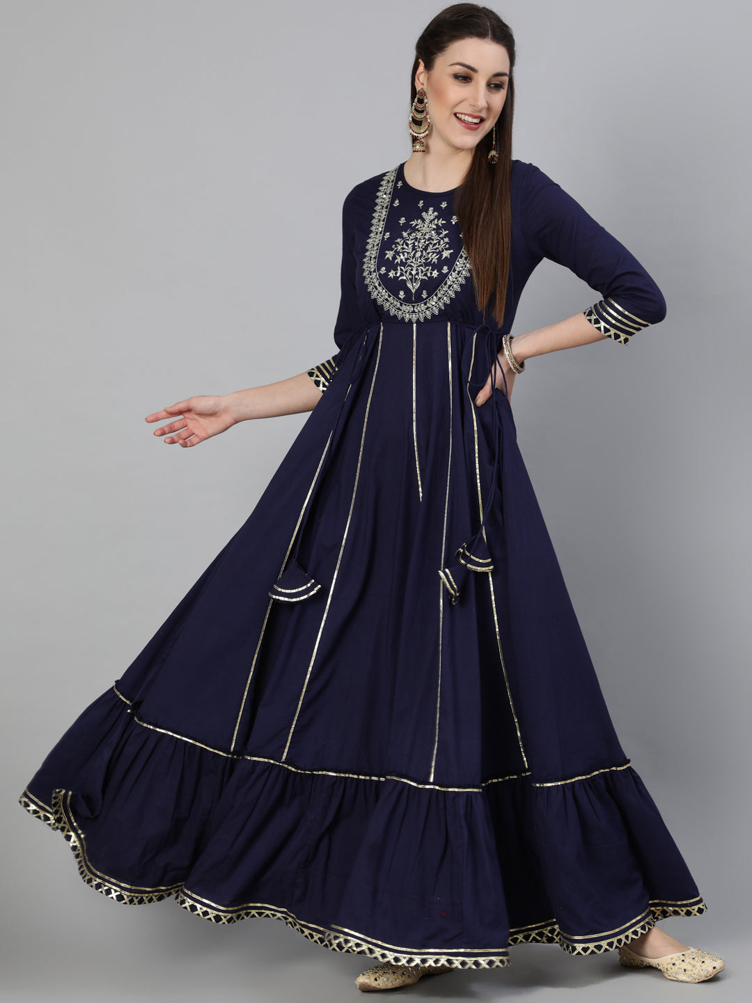 Cotton Zari Work Flared 3/4 Sleeve Round Neck Full length Kurta (Preorder)