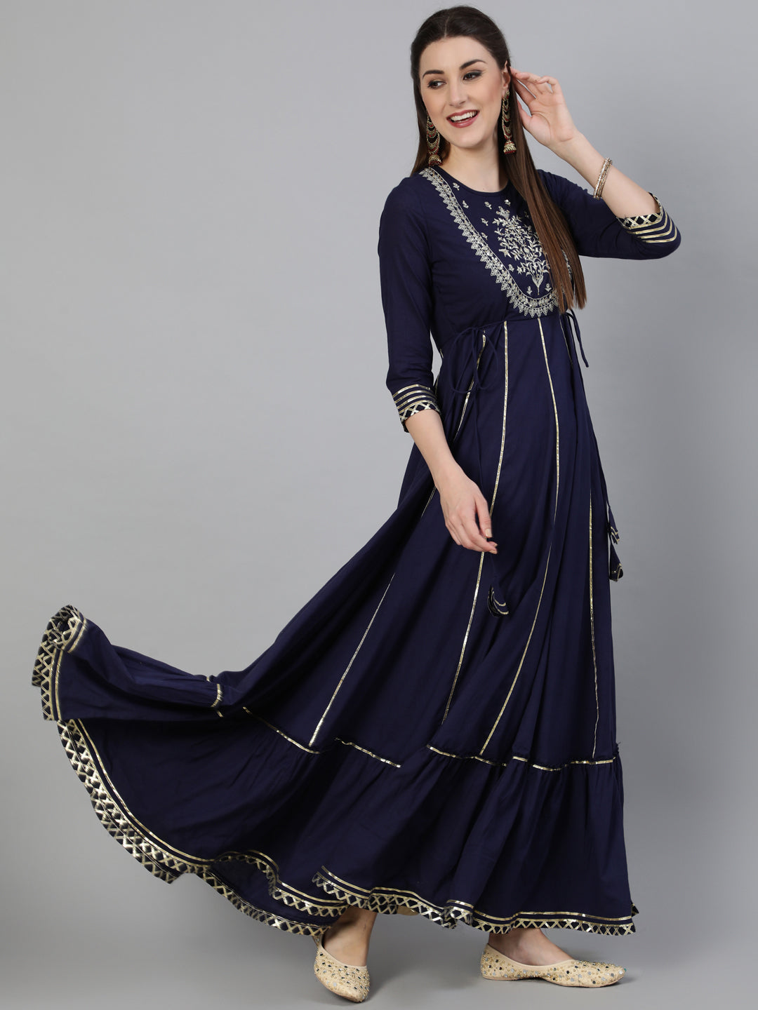 Cotton Zari Work Flared 3/4 Sleeve Round Neck Full length Kurta (Preorder)
