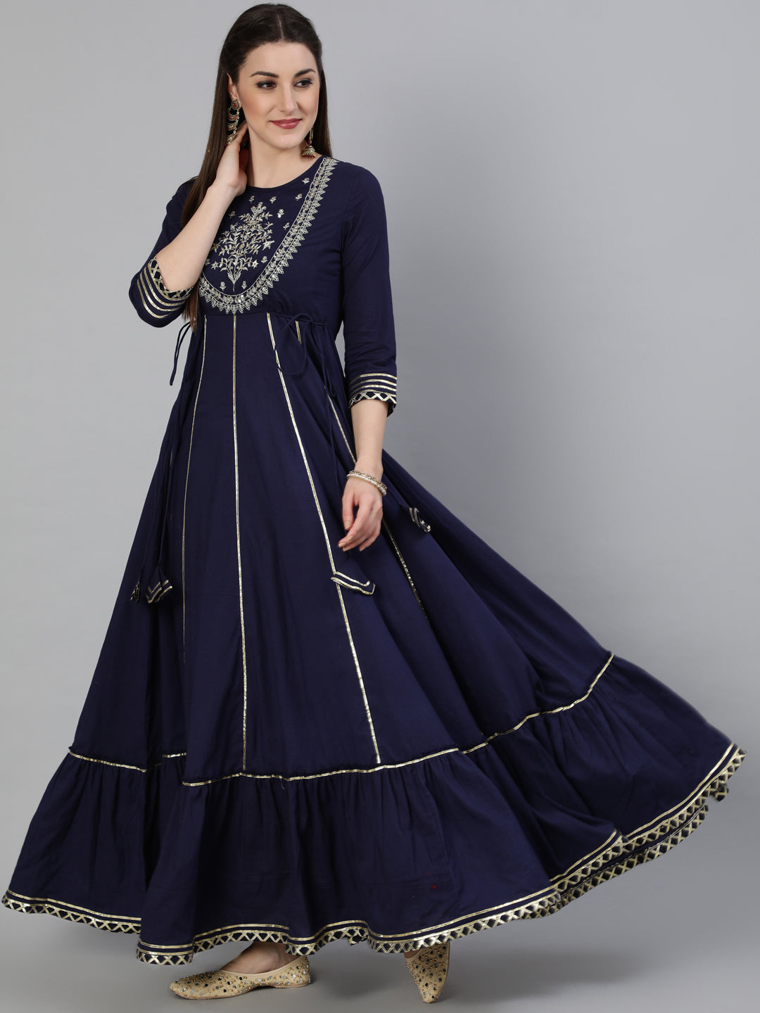 Cotton Zari Work Flared 3/4 Sleeve Round Neck Full length Kurta (Preorder)