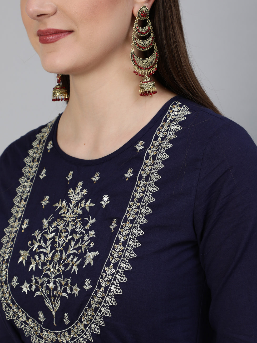 Cotton Zari Work Flared 3/4 Sleeve Round Neck Full length Kurta (Preorder)