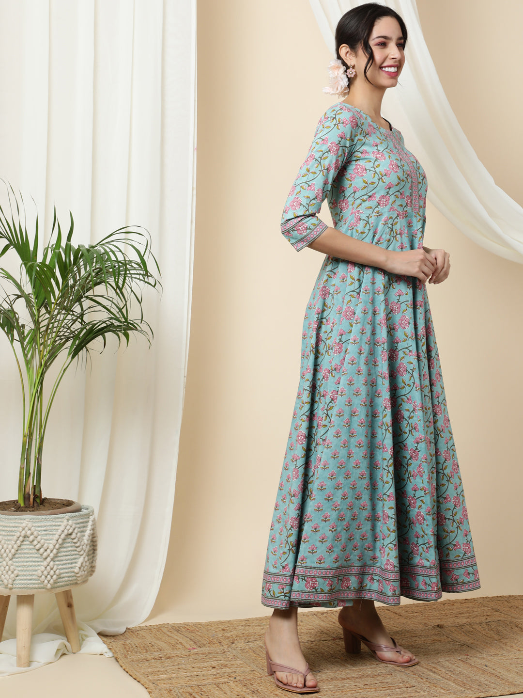 Cotton Ankle Length Printed 3/4 Sleeve Round Neck Kurta