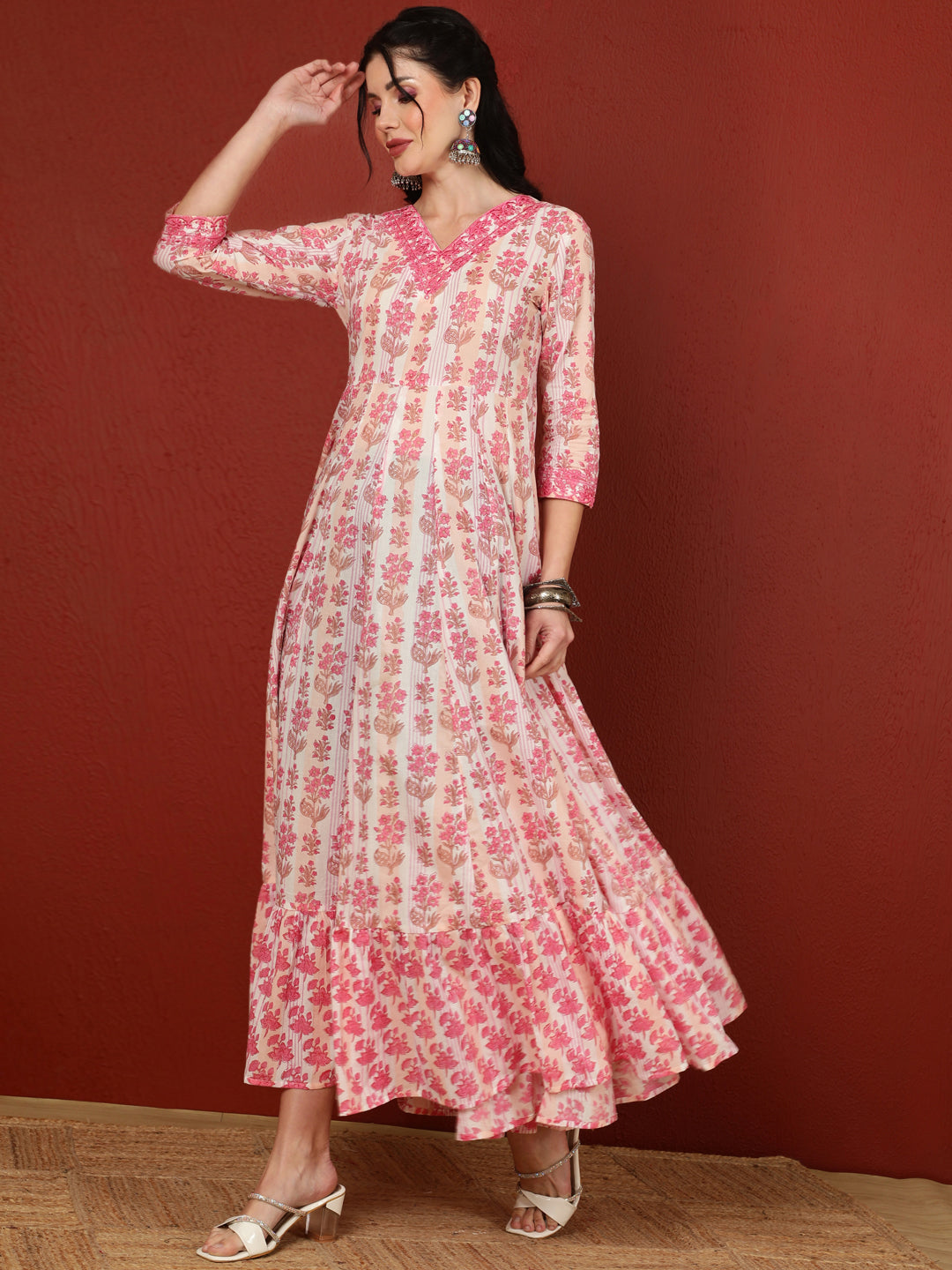 Cotton Ankle Length Length Printed Flared 3/4 Sleeves V-Neck Kurta
