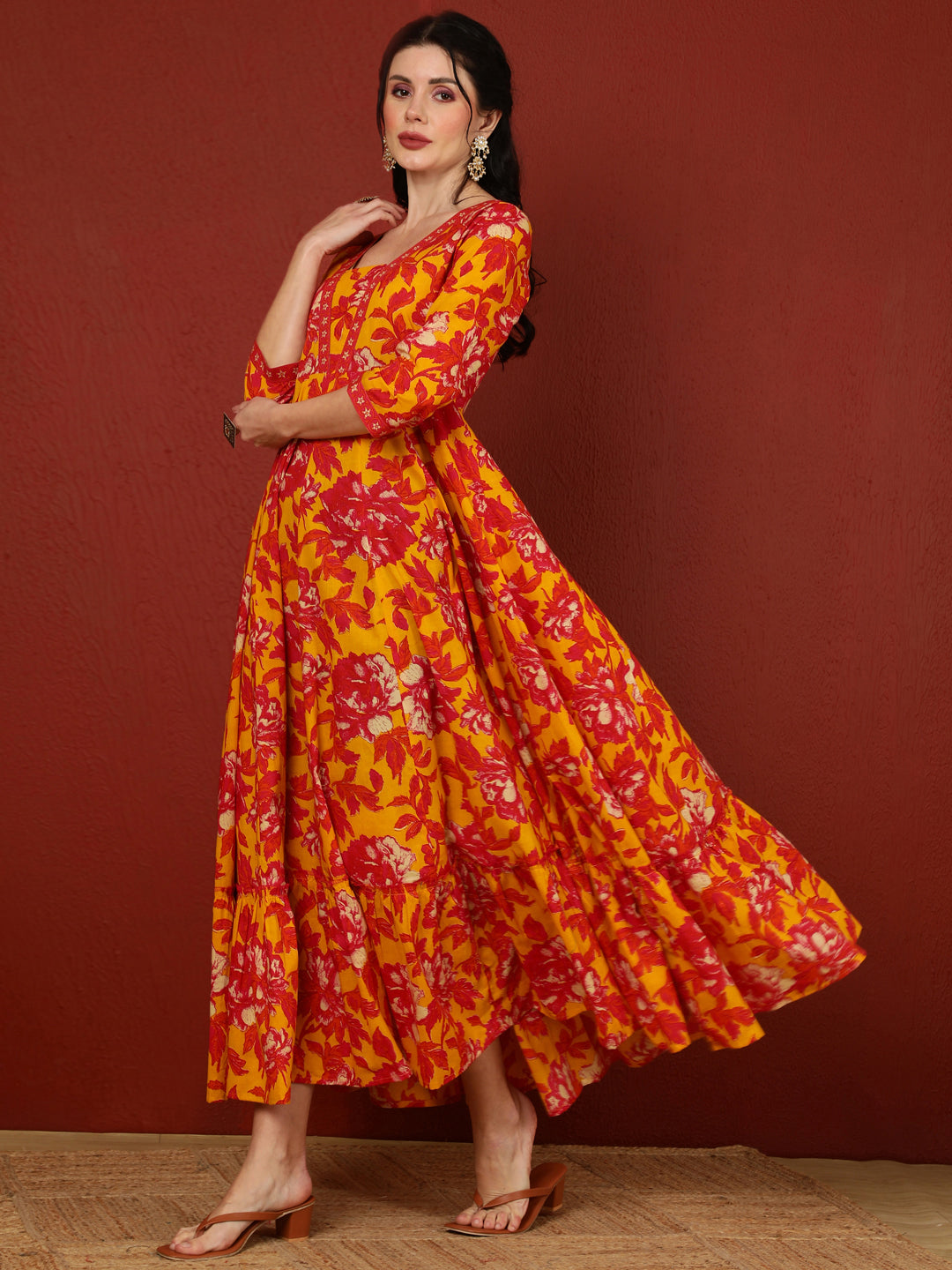 Cotton Ankle Length Length Printed Flared 3/4 Sleeves V-Neck Kurta