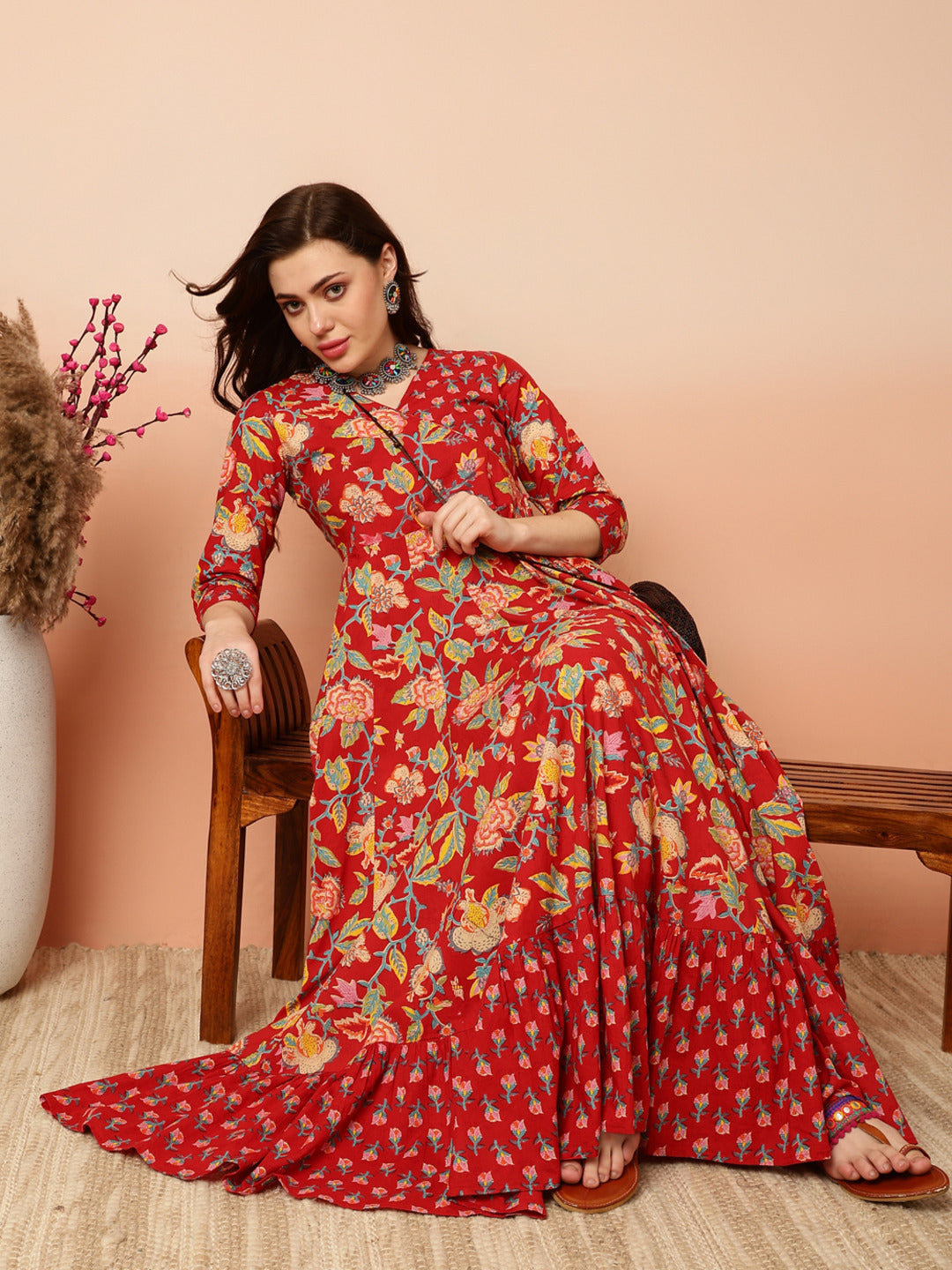 Ankle Length Flared 3/4 Sleeves V Kurta