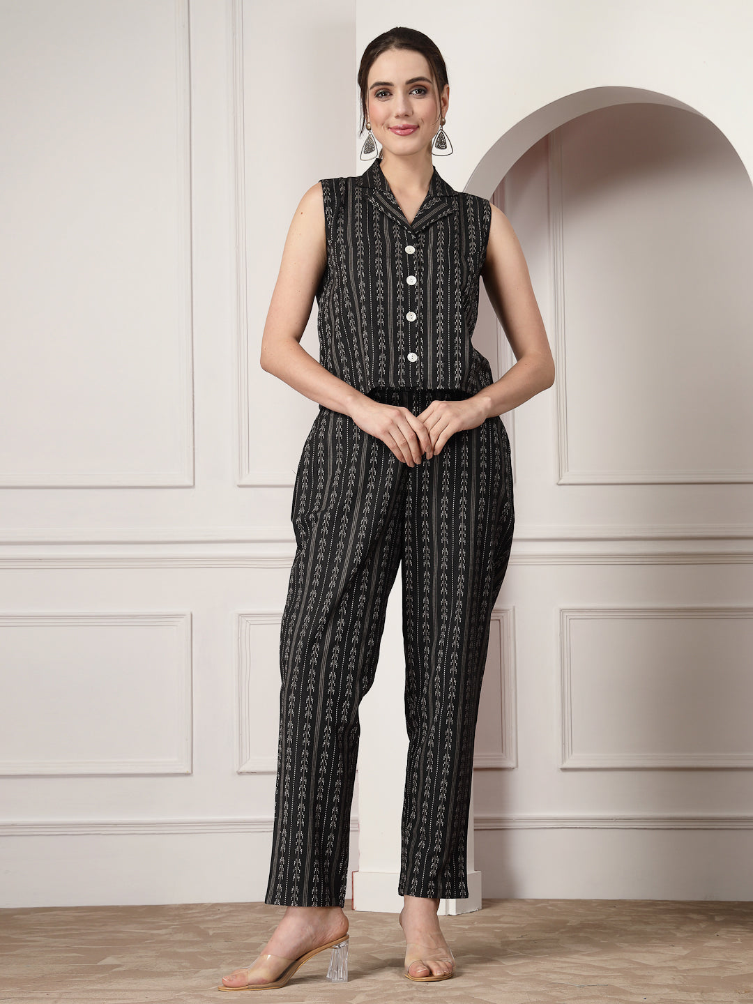 Black Kantha Woven Self Designed Cotton Blend Co-Ord Set