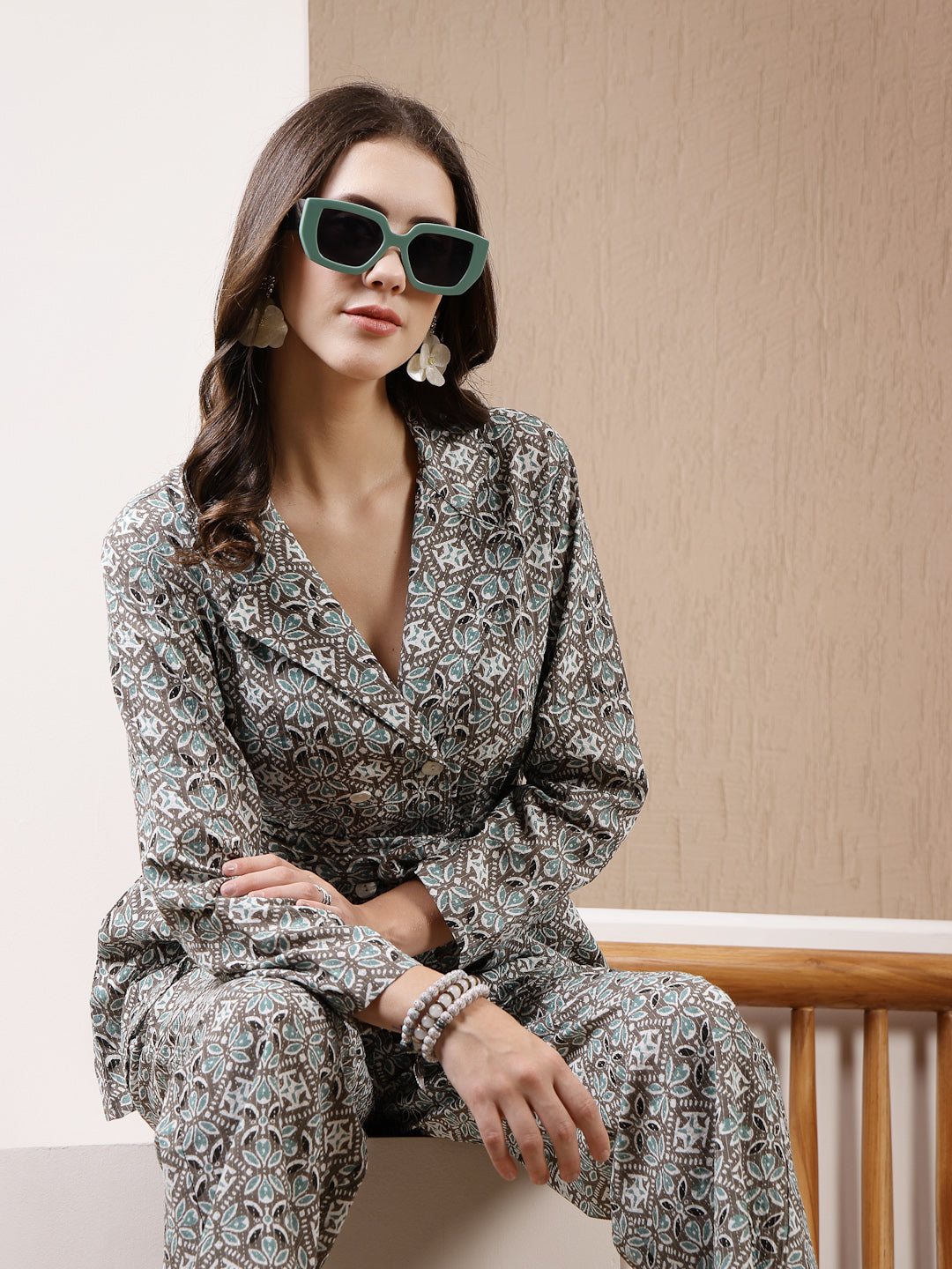 Grey Printed Cotton Kantha Fabric Blazer Style Co-Ord Set